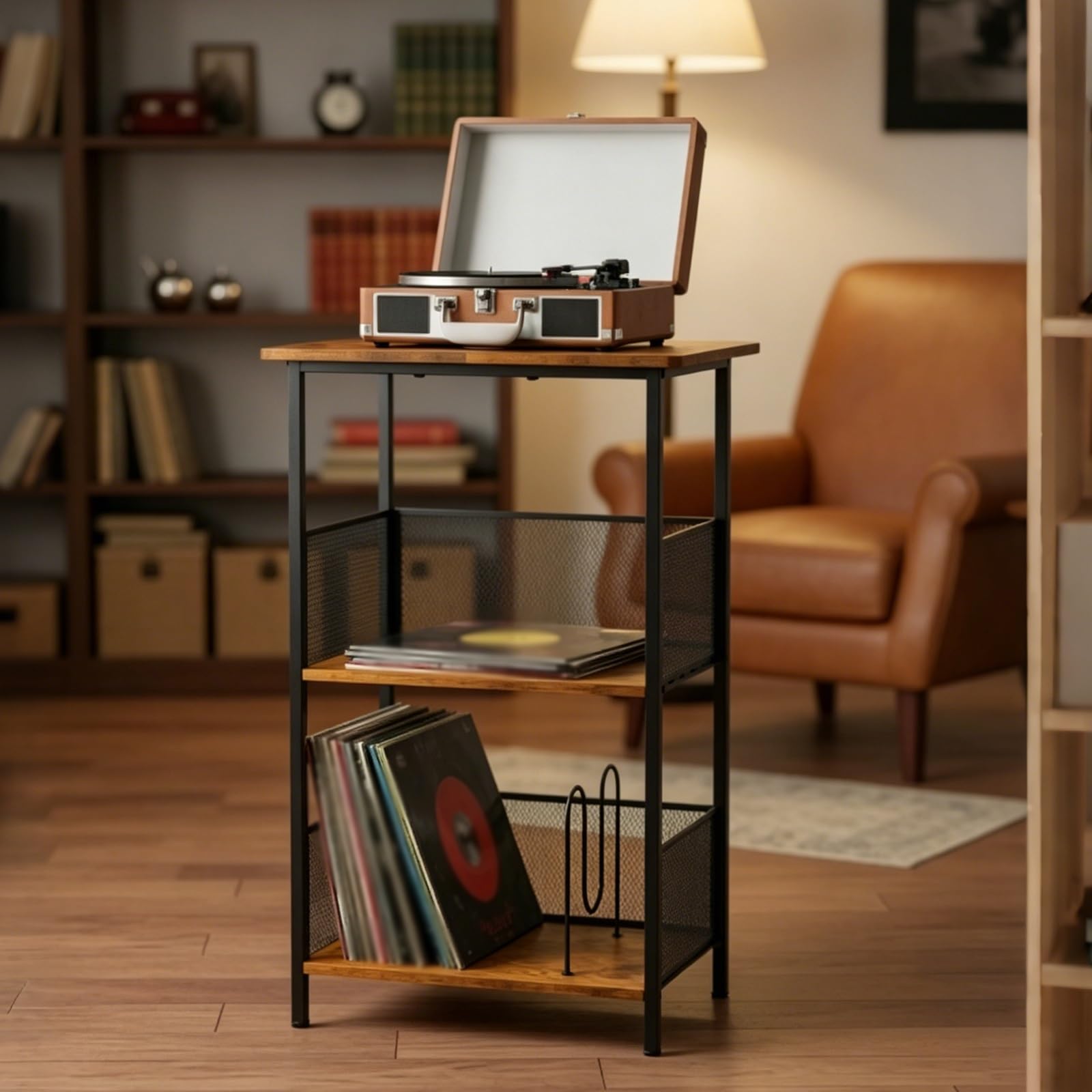 Meuble HiFi Vintage en Métal, Étagère Vinyle et CD au Style Rétro | Étagère Latérale pour Platine Vinyle avec Design Rétro et Décoration Intérieure