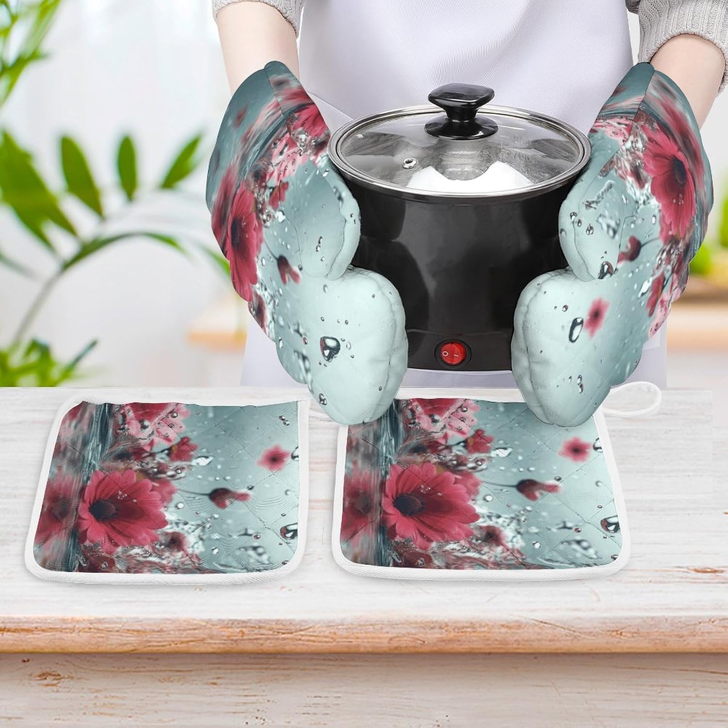 Oven Mitts Pot Holders Kitchen Flowers Falling in Water Heat Resistant Oven Glove for Baking and Cooking