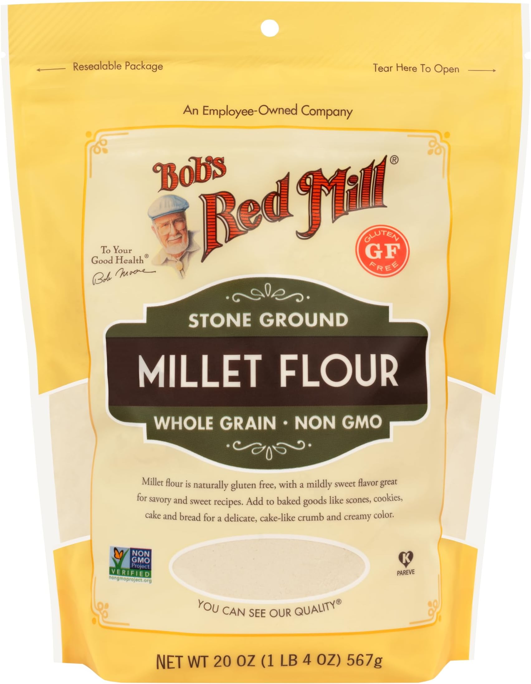 Stone Ground Whole Grain, Millet Flour, 20 Ounce (Pack of 4)