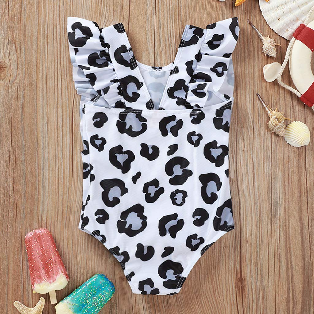 Ilyhaha Toddler Baby Girl One Piece Swimsuit Ruffle Sleeve Leopard Tankini Swimwear Beachwear Bathing Suit (White-2, 4-5Y)