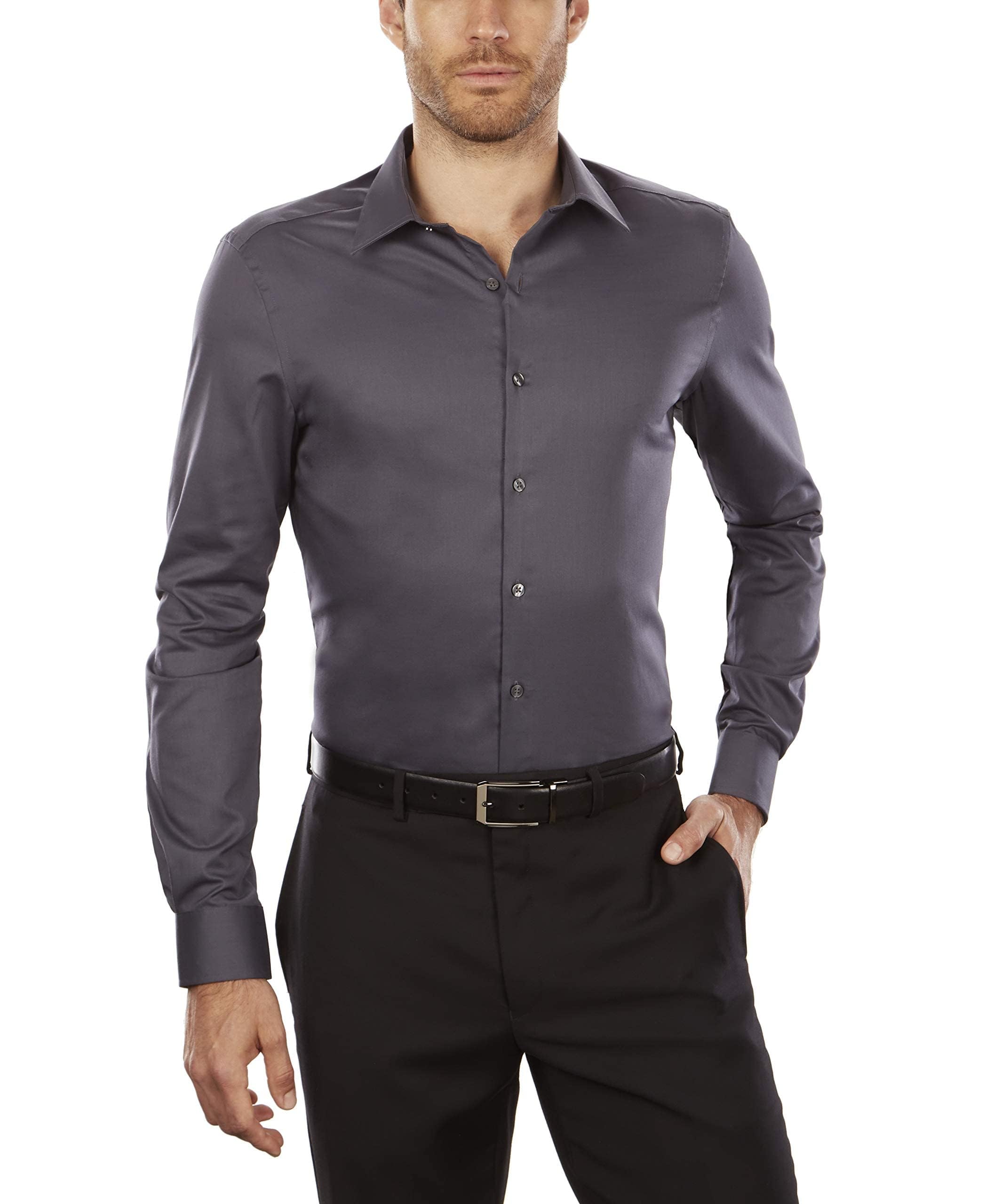 Van Heusen Herren Dress Shirt Slim Fit Flex Collar Stretch Solid Klassisches Hemd, Dunkelgrau, 18" Hals 36"-37" Ärmel