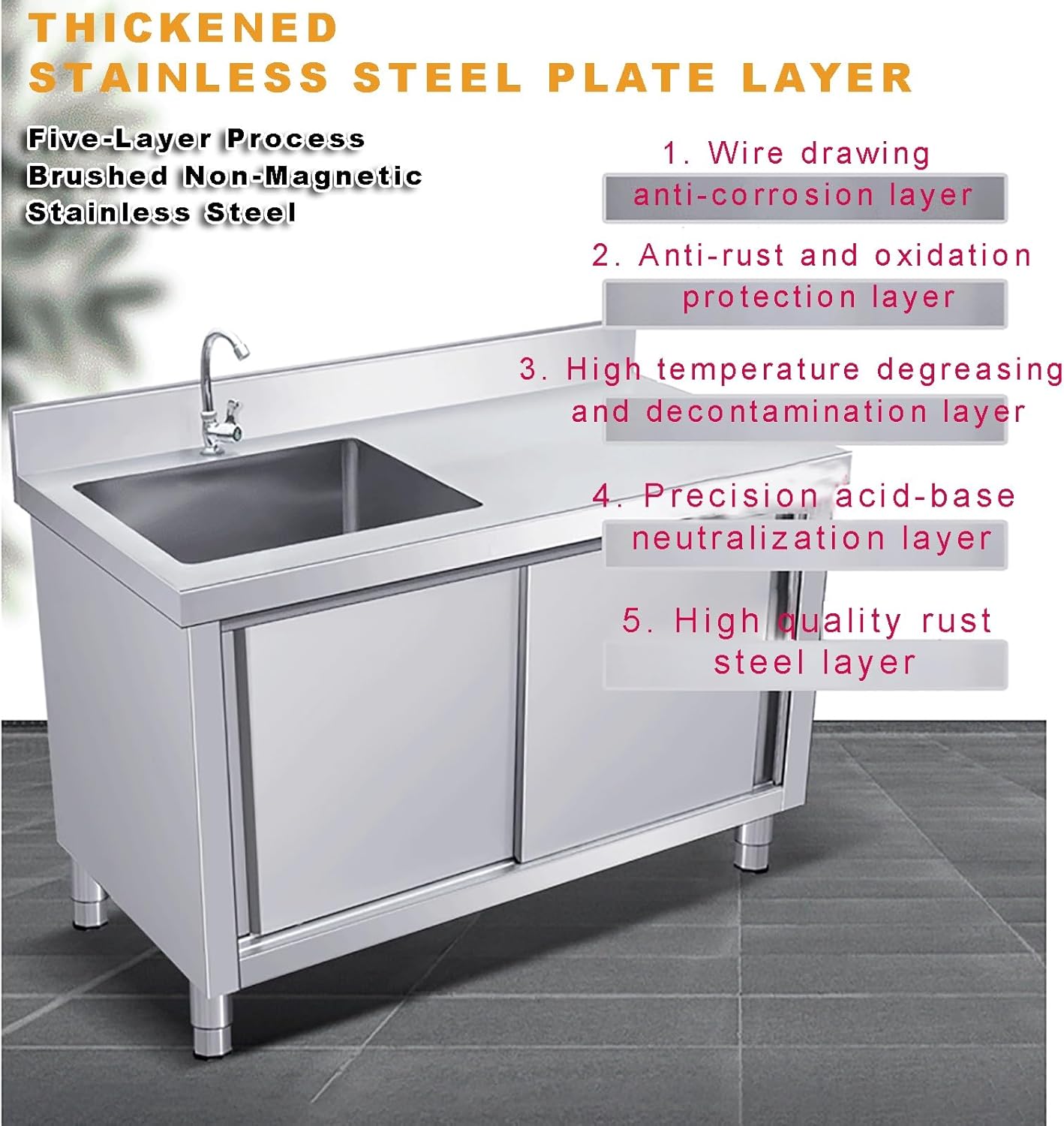 Utility Sink,Free Standing Stainless Steel Sink, Laundry Utility Sink with Cabinet, Outdoor Kitchen Sink, W/Workbench & Storage, for Garden Garage Commercial Restaurant Laundry Room(100 * 60*