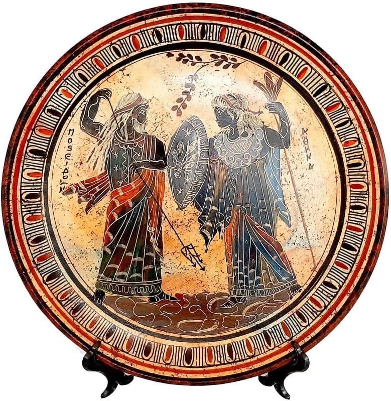 Greek Ceramics Plate 28cm Multicolored, God Poseidon with Goddess Athena, Hand-Painted Ceramic, Decorative