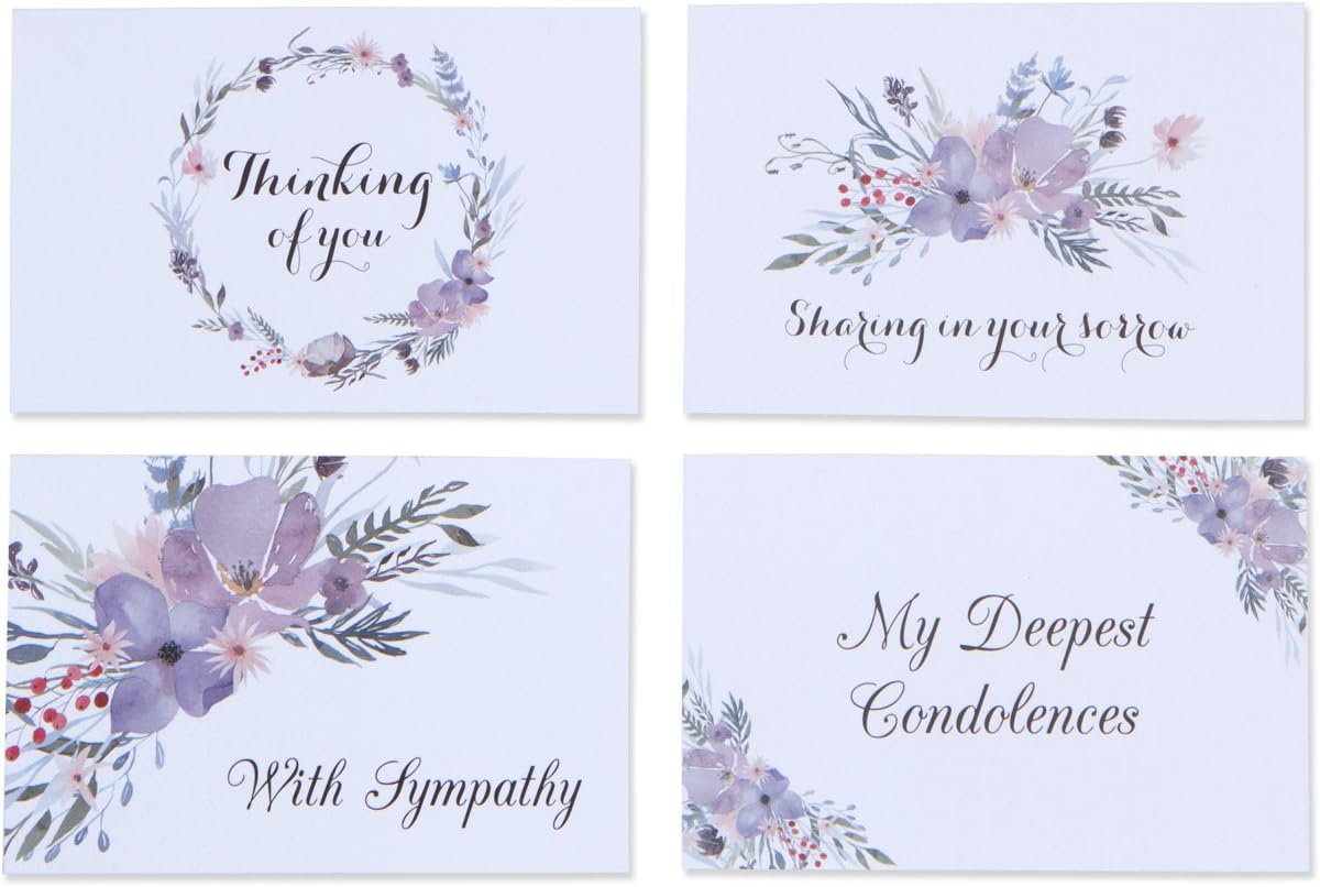 YuanKanJu 24 Sympathy Cards, Fancy Boxed Set of Assorted Greeting Cards with 24 White Envelopes - 6 of Each Design - Blank Condolence Cards with Box, 4 x 6 Inches Folded