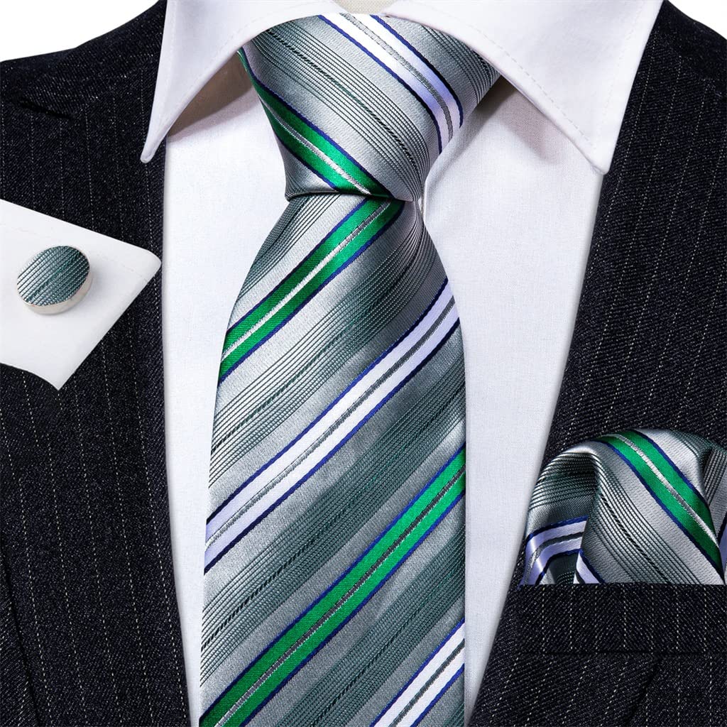 Herren-Business-Krawatte, blau, weiß, grau, Seide, Einstecktuch, Manschettenknöpfe, Set, Hemd-Accessoires