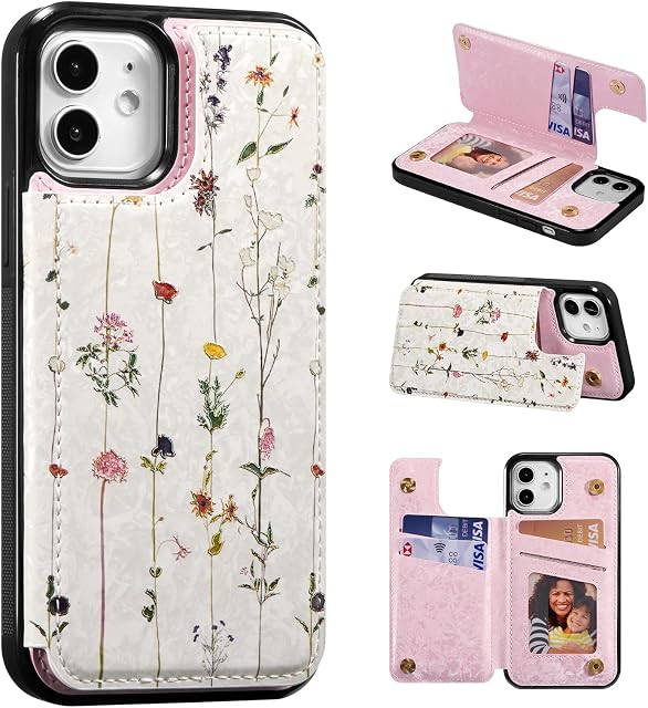 UEEBAI Wallet Case for iPhone 12/iPhone 12 Pro 6.1 inch with Card Slots, PU Leather Cover Kickstand RFID Blocking Double Magnetic Clasp rilievo Flower Shockproof Flip Case for Women Girls - Tree Vine