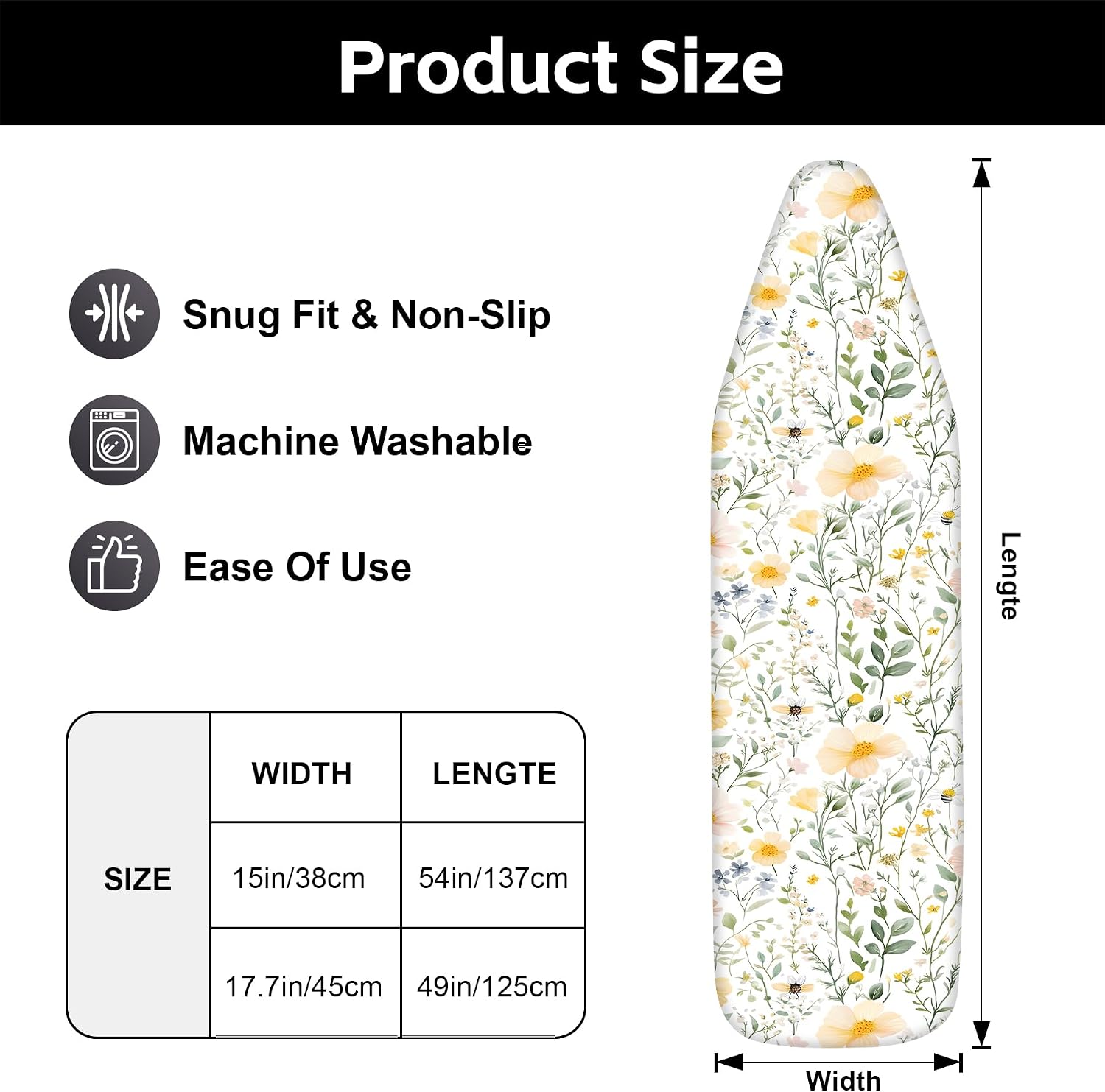 Floral Ironing Board Cover, Standard Size Cotton Iron Board Covers with Heavy Duty Adjustable Elastic Edges and Fastener, Breathable Ironing Board Covers for Smooth Ironing