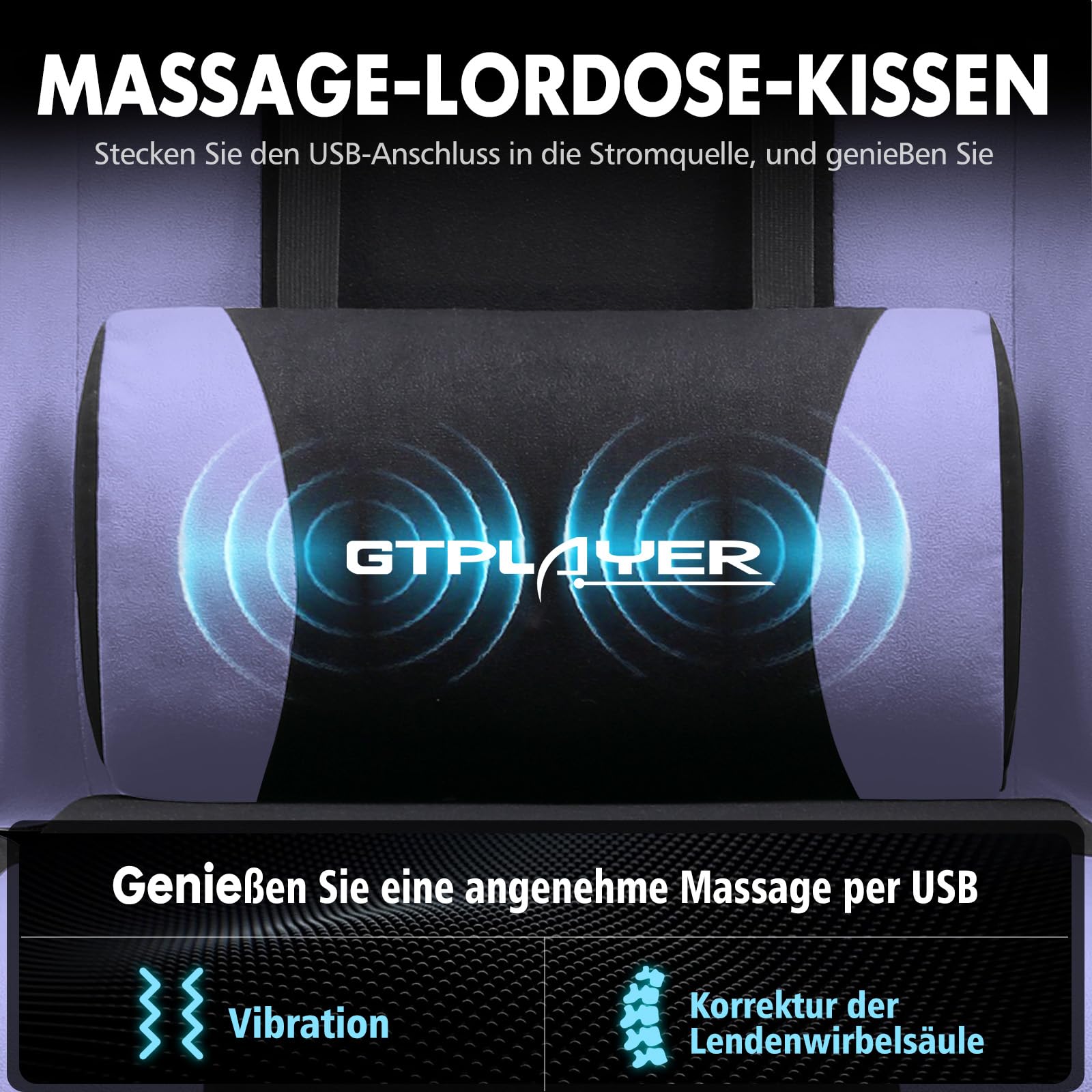 GTPLAYER Krzesło gamingowe, ergonomiczne krzesło biurowe, fotel gamingowy z podparciem okolic masażu, krzesła zadaniowe z podnóżkiem i zagłówkiem, fioletowy materiał