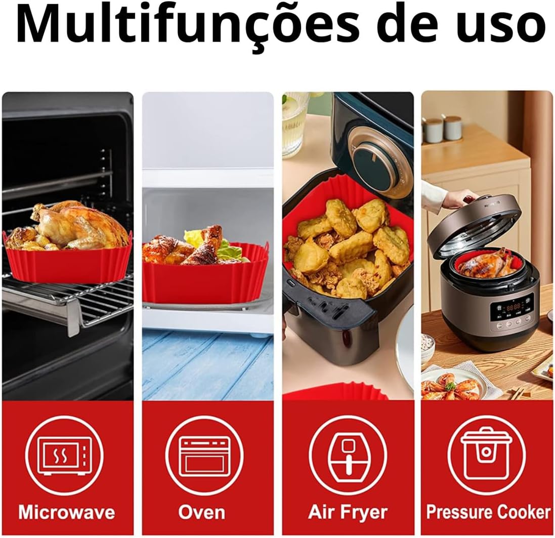 Kit 2 Formas de Silicone Quadrada para Air Fryer, Antiaderente 19x19x5 cm - Forma Cesta Reutilizável de Fritadeira, Forro Assadeira (Cor Sortida) - Premium