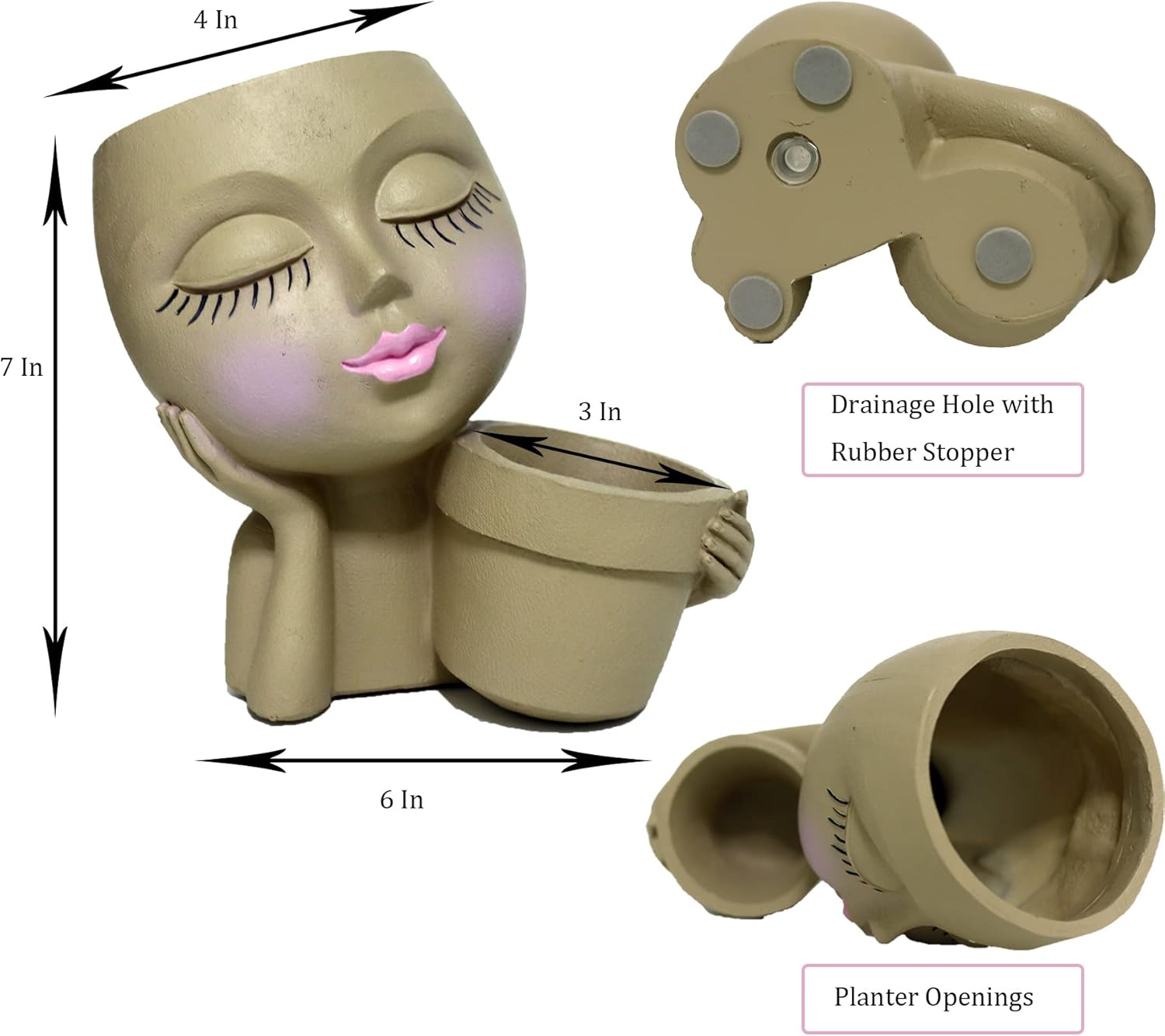 Dolkgy Face Planters Pots Head Planter, Unique Plant Pots for Indoor Outdoor Plants, Novelty Cute Large Girl Head Flower Pots with Drainage Hole for Home Garden Succulents Cactus