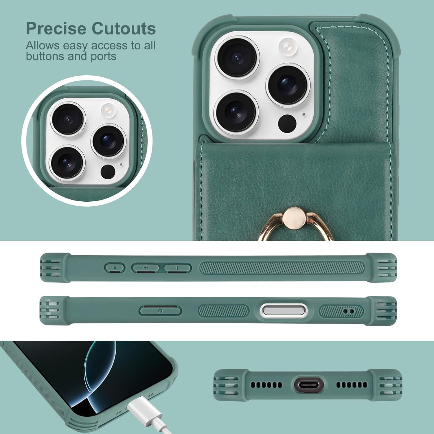 VANAVAGY Compatible for iPhone 16 Pro Max Wallet Case with Card Holder Coin Pocket [360° Rotation Ring Kickstand], PU Leather Magnetic Clasp Flip Phone Cover for Women Men 6.9 Inch,Forest Green - Image 8