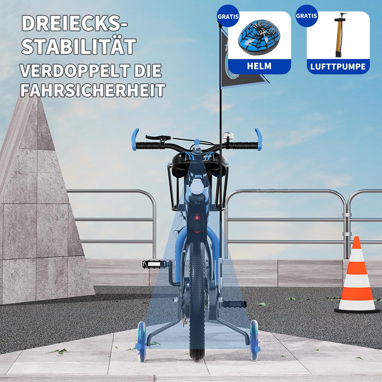 Habib Kinderfahrrad Jungenfahrrad 12 14 16 Zoll ab 3 Jahre – mit LED Stützrädern, Korb, Klingel & GRATIS Helm & Pumpe, Vorderradbremse