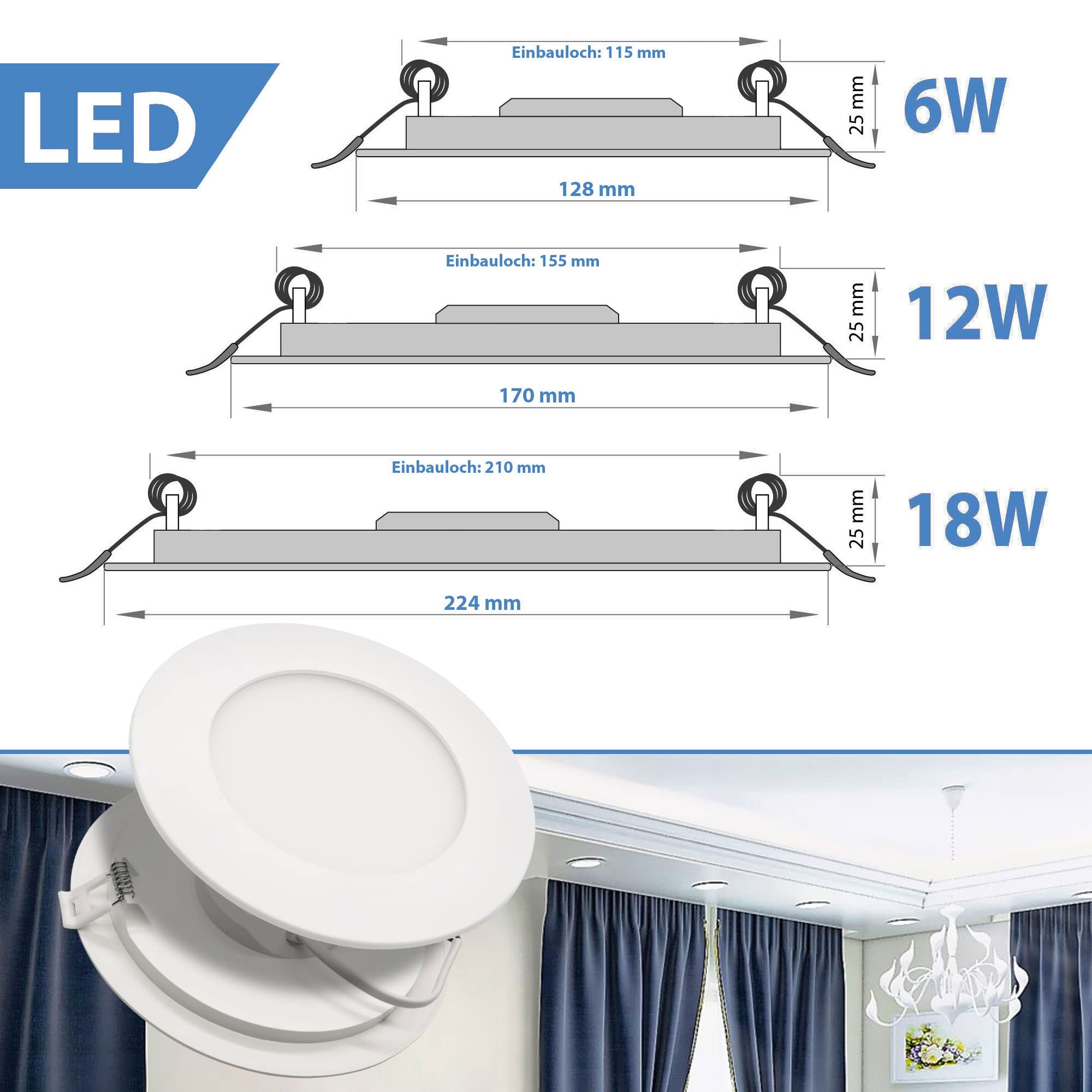 Maxkomfort 6er Set LED Panel 18W rund ultraslim warmweiß 3000K – Einbaustrahler Spot Deckenleuchte – leichte Kunststoff-Ausführung für Wohn- & Geschäftsräume MBY-18W
