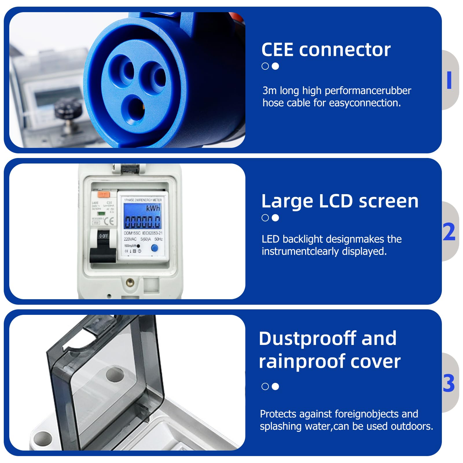 Compteur électrique numérique mobile 230 V 16 A pour prise de courant avec disjoncteur FI type A, IP44 CEE 3 broches 16 A mâle vers prise CEE 16 A, boîtier de compteur électrique IP67