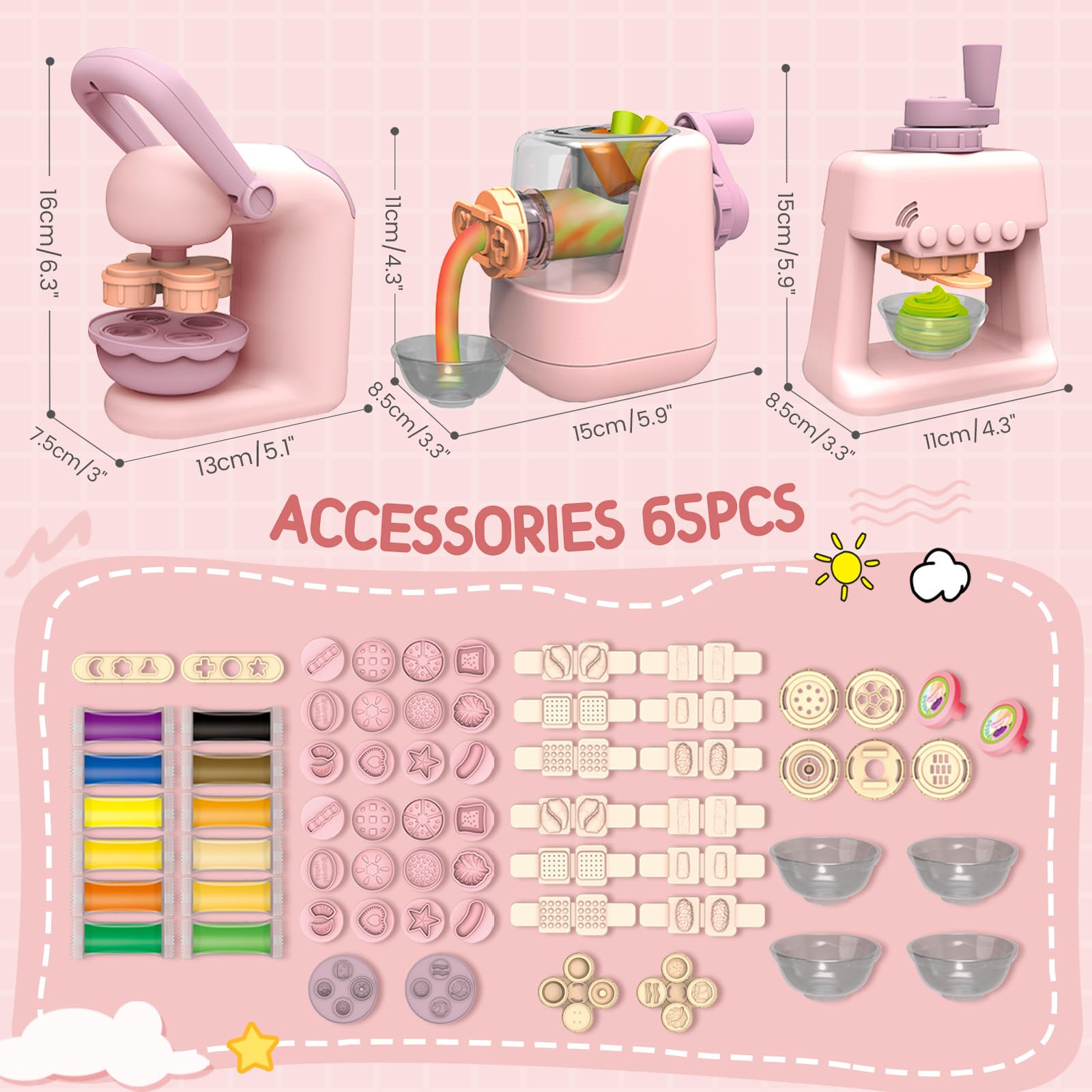 JONRRYIN Plastilina per Bambini, 65 Pezzi Formine per Plastilina Accessori con Macchina per Pasta e Gelatiera, Playdough Pasta da Modellare Regalo Giochi per Ragazzi Bambina (Pink1)
