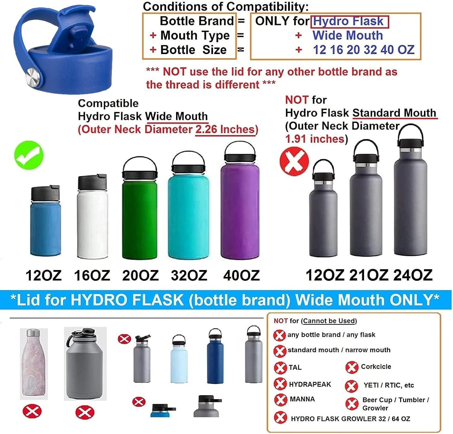 Lid Compatible with Hydro Flask 12 16 18 20 32 40 OZ Wide Mouth, Flip Lid Replacement Lids with Flex Strap Handle, Leak-Proof Flask Cap for Hydro Flask Coffee Mug - Image 4