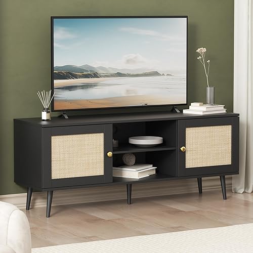 Miniatura 11 de Soporte de TV de ratán para TV de 55/65/70 pulgadas, centro de entretenimiento bohemio de 59 pulgadas con almacenamiento, consola multimedia moderna