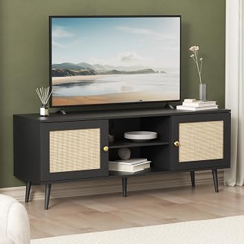 Furnify Rattan TV Stand for 50/55/60 inch TV, Boho 53" Entertainment Center with Storage, Modern Mid Century Media Console with Rattan Doors and Adjustable Shelf, Wood TV Stand for Living Room, Black