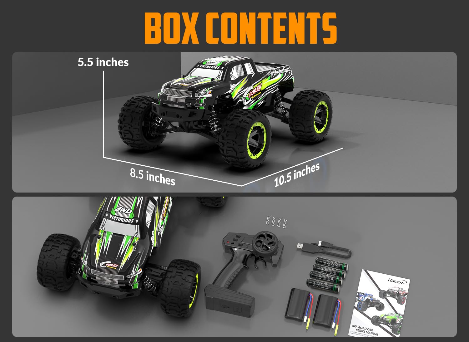 RACENT Voiture Télécommandée 4wd Offroad Rc Voiture 45 Km/H 1:16 Véhicule Tout-Terrain RC Truck 2 Batteries 40 Minutes Télécommande 2,4 Ghz Jouet pour Adultes (Vert)