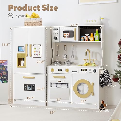 Miniatura 6 de Juegos de cocina para niños, juego de cocina de madera para niños, cocina de juguete interactiva con congelador, lavadora, máquina de hielo y gran