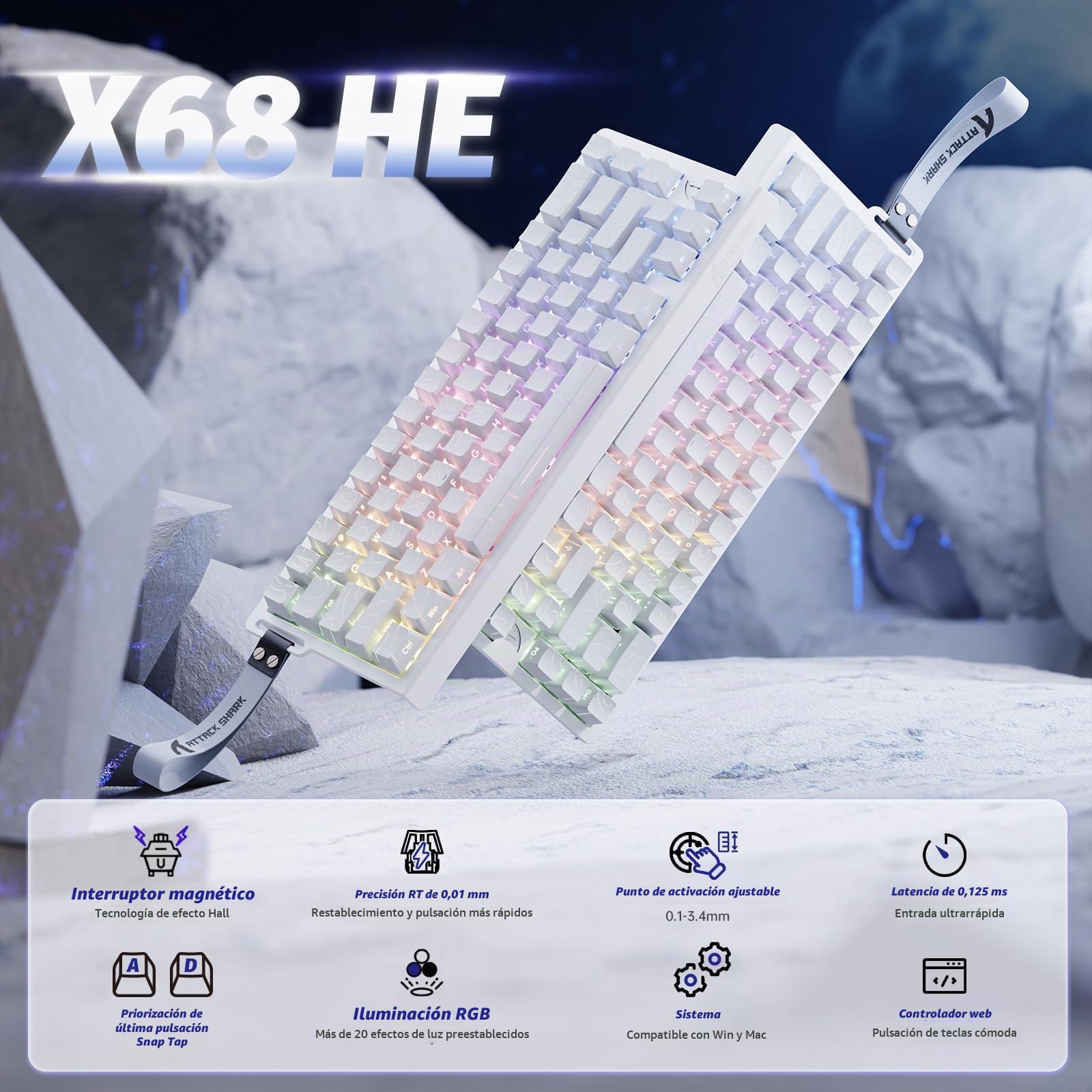 MAMBASNAKE Attack Shark X68 HE - Combos de Teclado y Ratón R1 con Disparador Rápido y Cable en Espiral de 8KHz, Precisión RT de 0,01mm,Teclado Magnético de 8KHz y Ratón Inalámbrico para Juegos-Blanco