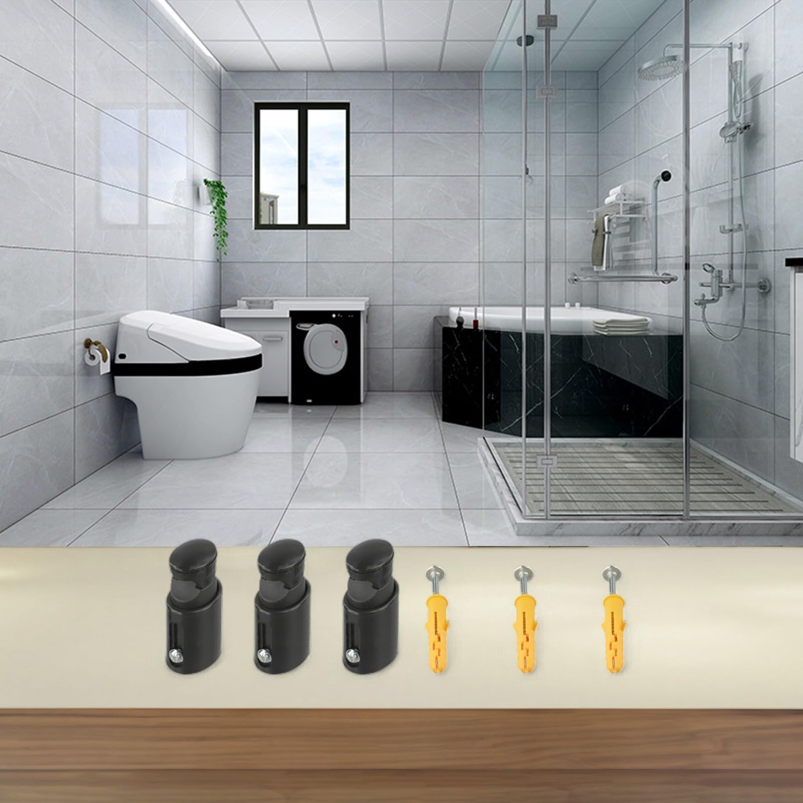Paquete de 3 soportes de radiador ajustables de 65 a 82 mm para calefacción en pared con tornillos, ganchos de repuesto de plástico para rads de baño, negro (negro)