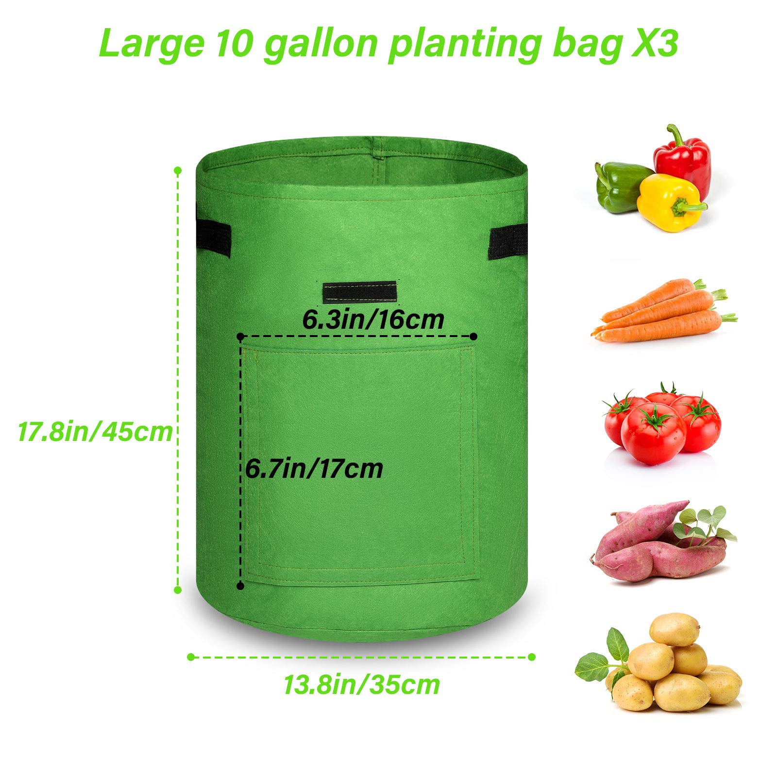 Bolsas de cultivo de patatas, contenedores de plantación de 10 galones con solapa y asas, paquete de 3, ideales para tomates y verduras
