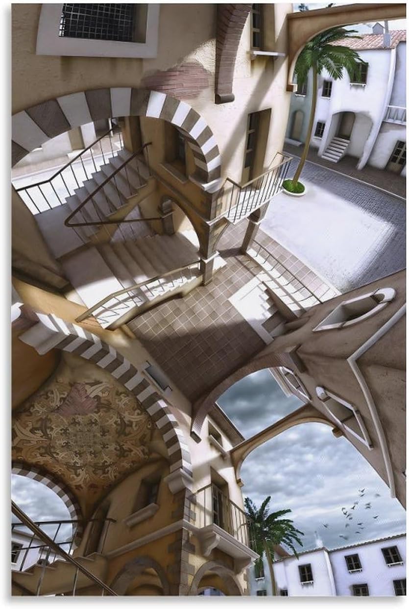 Matvsd Kohecs M.C. Escher Wall Art stairs Picture《Optical Illusion》Poster Surrealism Canvas Painting M.C. Escher Prints for Office Home Decor 30x45cm Frameless