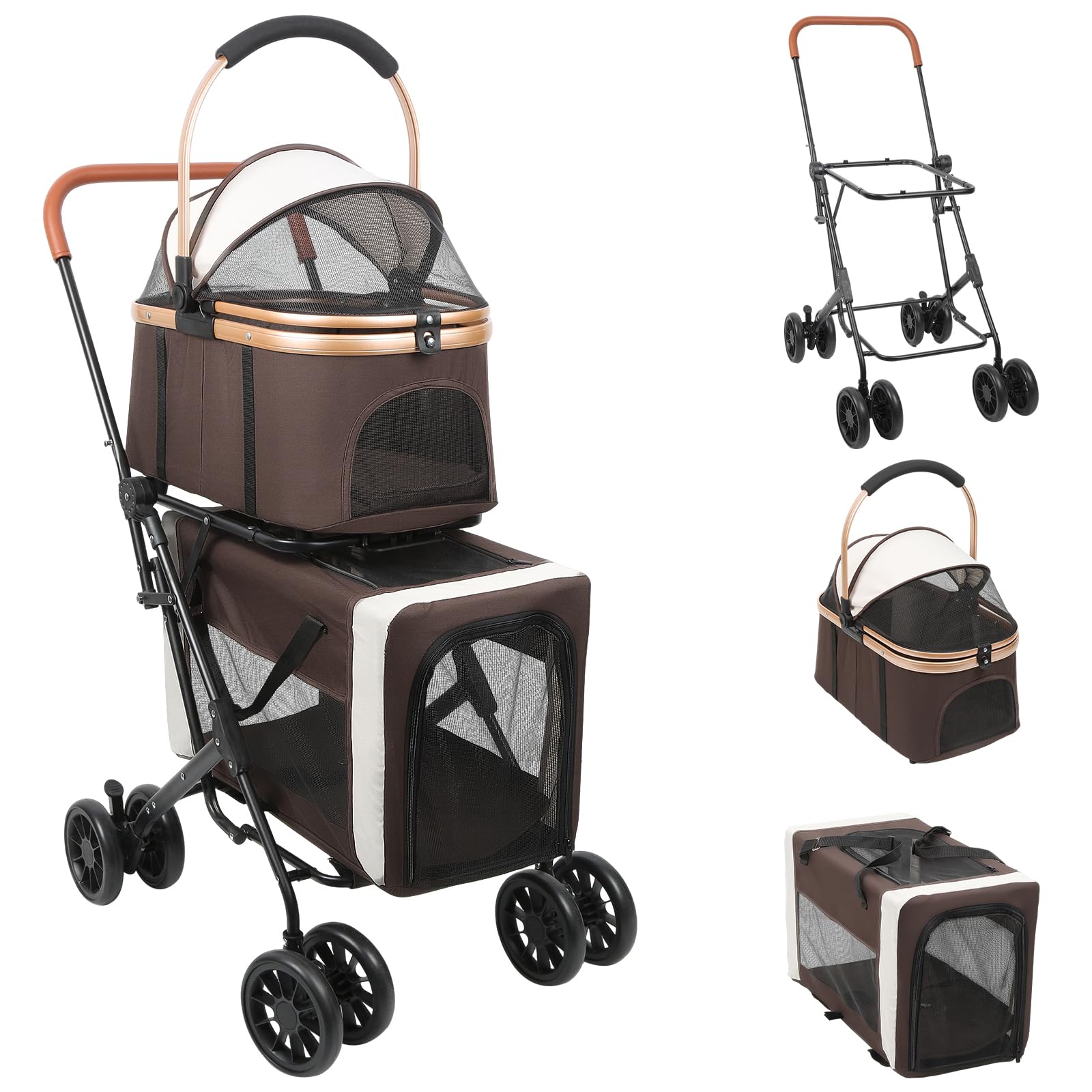 Homewell Passeggino per cani 2 in 1, passeggino per animali domestici a doppio piano, passeggino per cani di piccola taglia, passeggino per animali domestici con finestre a rete, fino a 40 kg (caffè)