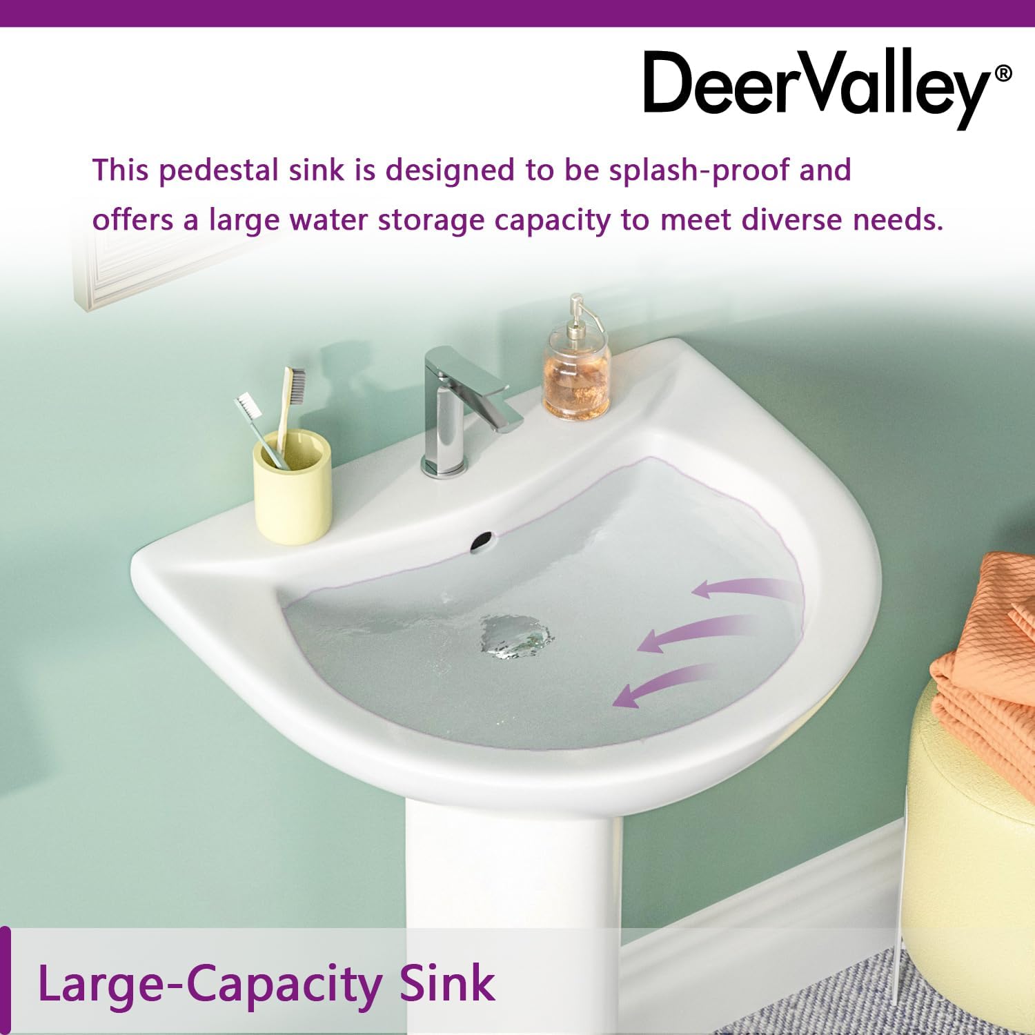 DeerValley 20x17 Inch Compact White Ceramic Pedestal Bathroom Sink with Overflow and Single Faucet Hole, Space-Saving Design, DV-1P523