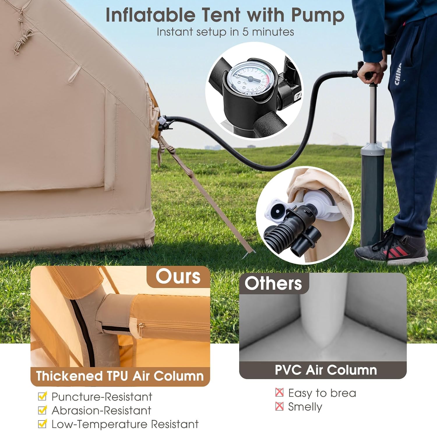 KOTEK Inflatable Camping Tent with Pump, Easy Setup Air Glamping Tents for 4-6 Persons, Inflatable Cabin Tent with Mesh Windows & Doors, 4 Season Blow up Tent, Portable with Carry Bag