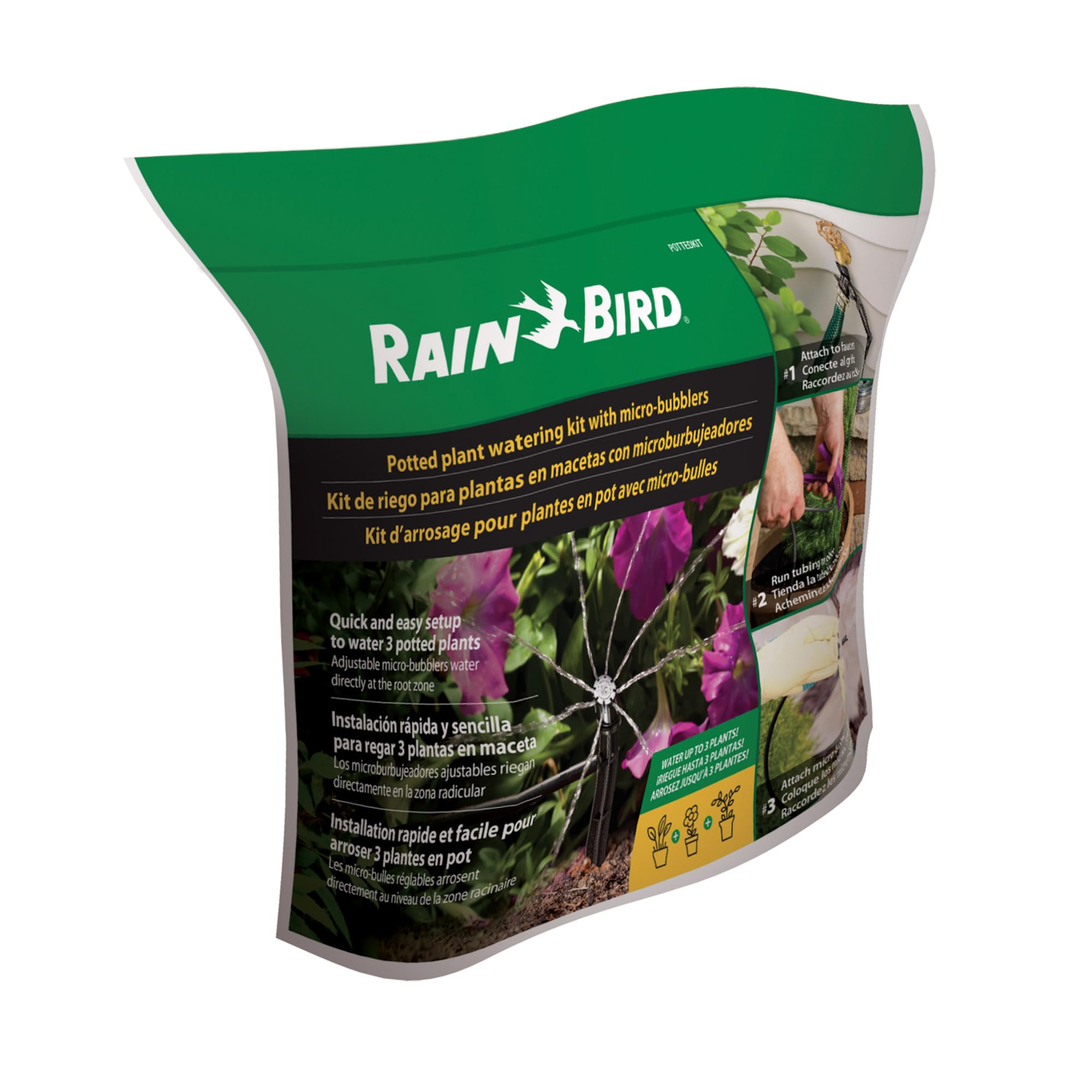 Rain Bird POTTEDKIT Récipient d'irrigation goutte à goutte/kit d'arrosage pour plantes en pot, se connecte au robinet/tuyau d'arrosage, tuyau d'égouttement de 6,35 mm, micro bulleurs à 360°, raccords