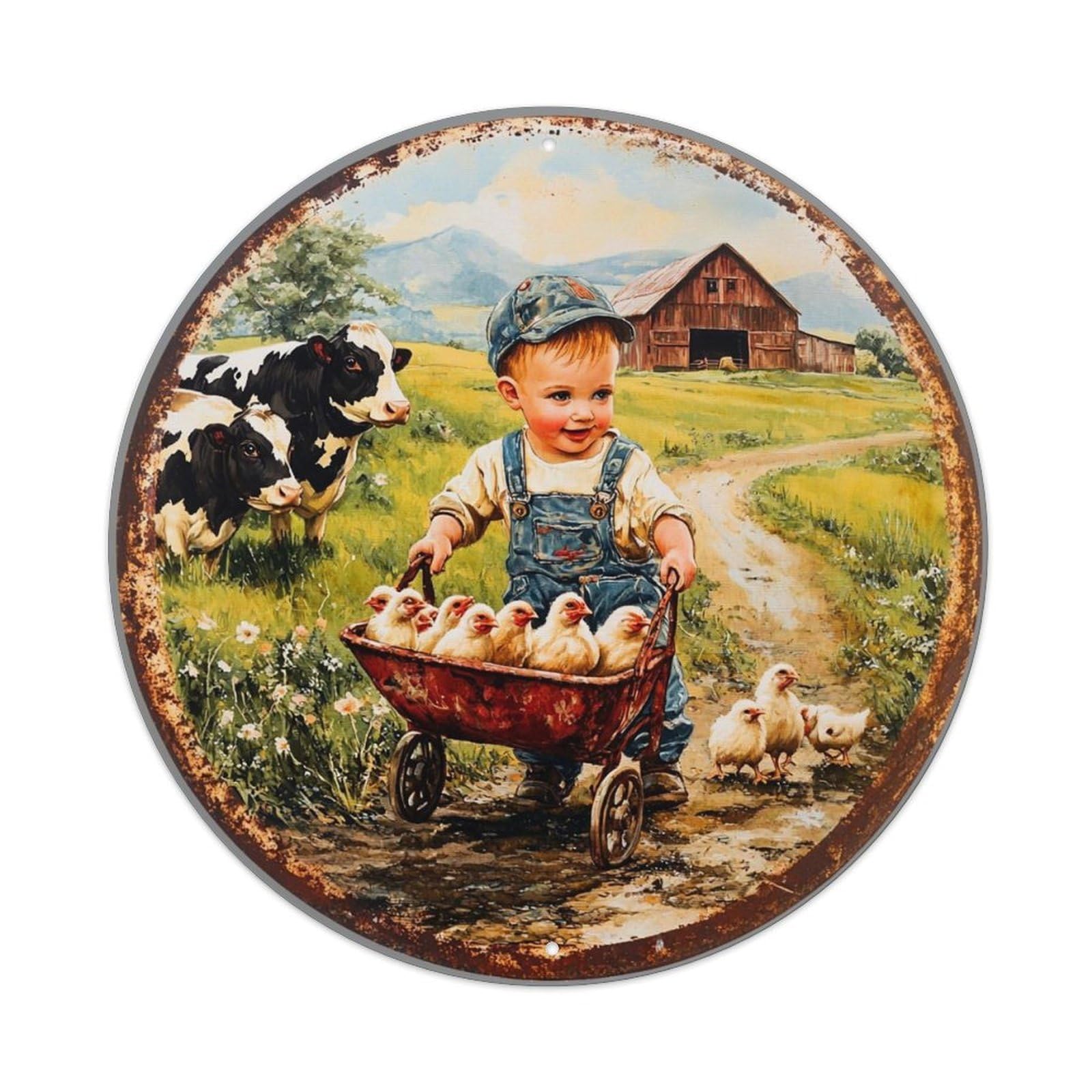 Boy Pushing Chicks In Wheelbarrow Tin Sign Metal Poster Vintage Metal Signs for Home Man Cave Bar Cafe Kitchen laundry room Wall Decorations 8x8 inches