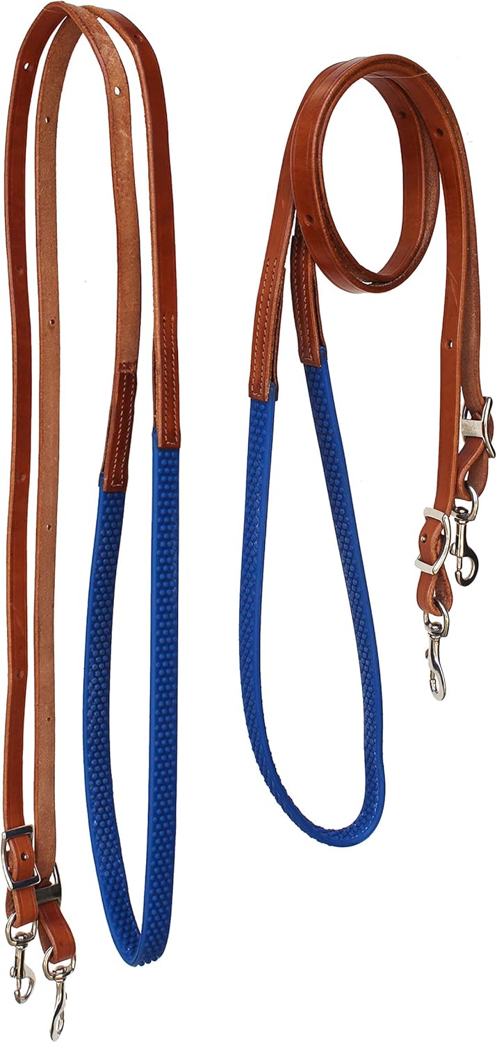 CHALLENGER Horse Western 8' Tan Leather Rubber Grip Contest Barrel Reins Blue 805LR11RB