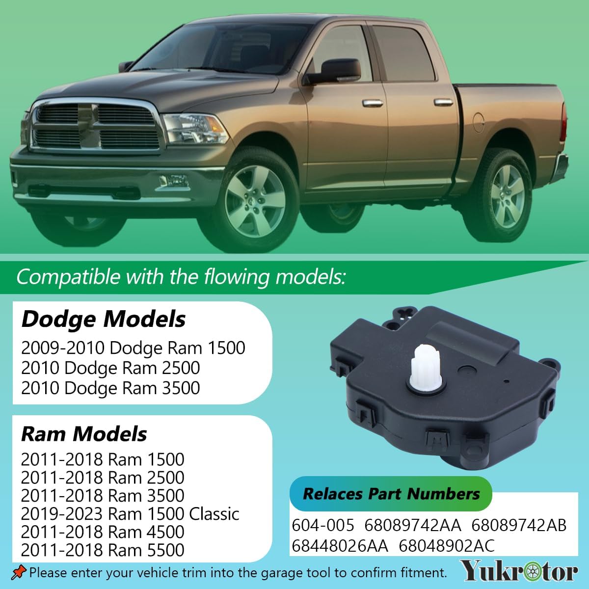 HVAC Mode Door Actuator 604-005 Main Mode Control Actuator Compatible with 2009-2018 Dodge Ram 1500 2500 3500 Replaces OE# 68089742AA 68448026AA
