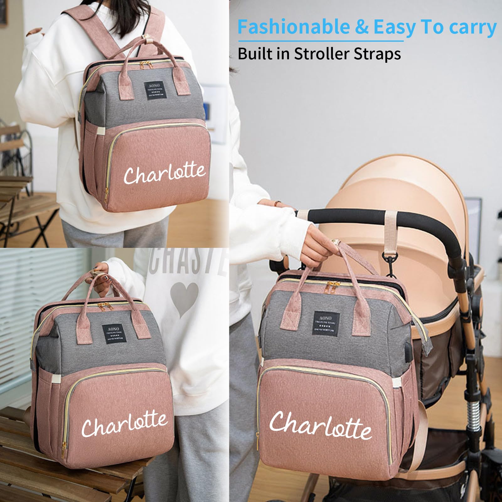 Personalisierte Wickelrucksäcke mit Wickelstation, großer Wickelrucksack mit Sonnenschutz und Spielzeugstange, Kinderwagenriemen und isolierten Flaschenfächern Babyparty-Suche, Geschenk zur Babyshower