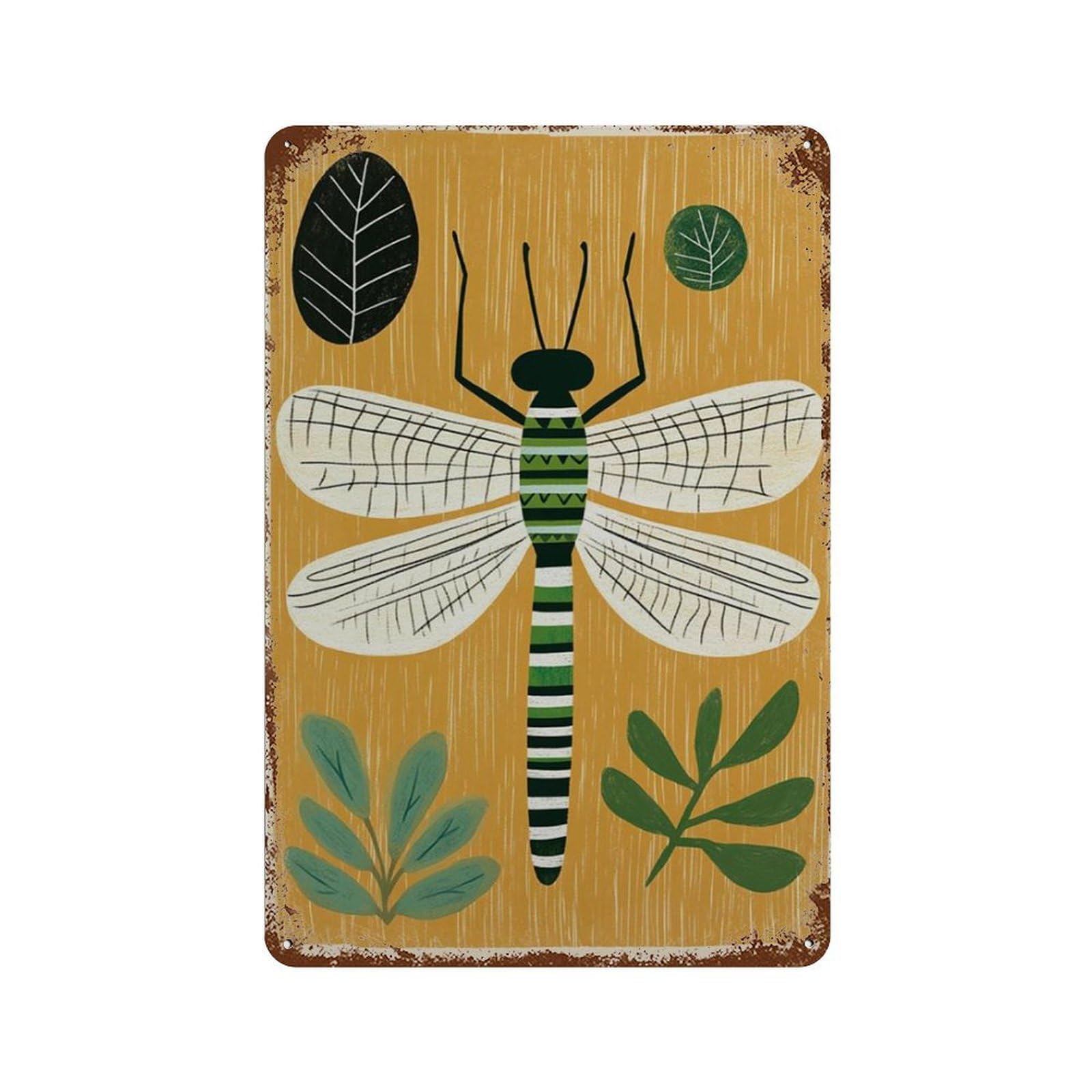 xiaoxiaoshen Dragonfly Botanical Insect Modern Nature Work Yellow Minimal Design Wall Decor Art Metal Tin Poster Modern Home Decor Art Home Bar Shop Decorations Vintage Sign 30x20cm