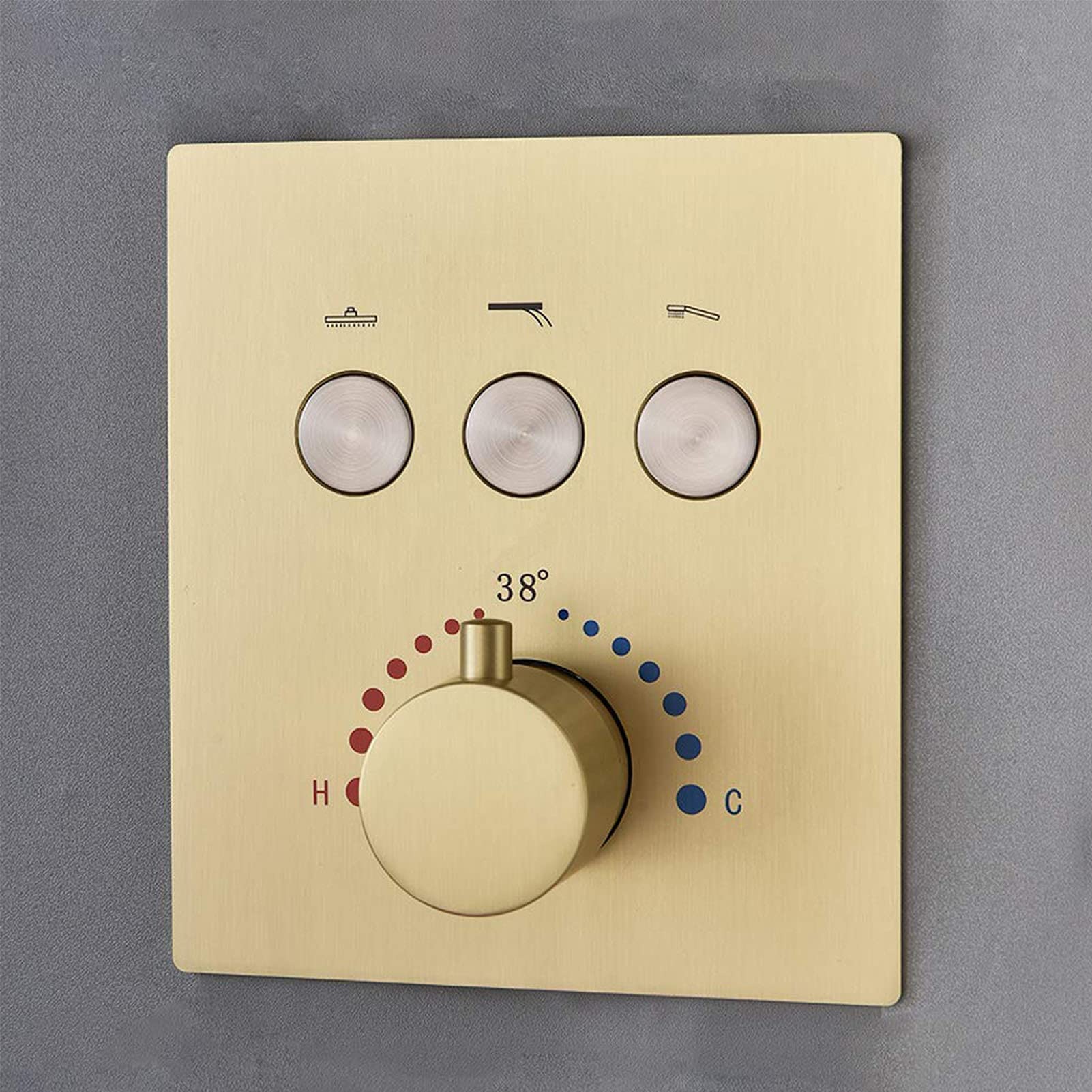 System prysznicowy szczotkowane złoto, 30 cm kwadratowa głowica prysznicowa do montażu sufitowego z ręcznymi i 4 dyszami natryskowymi, termostatyczny zawór sterujący, zestaw baterii