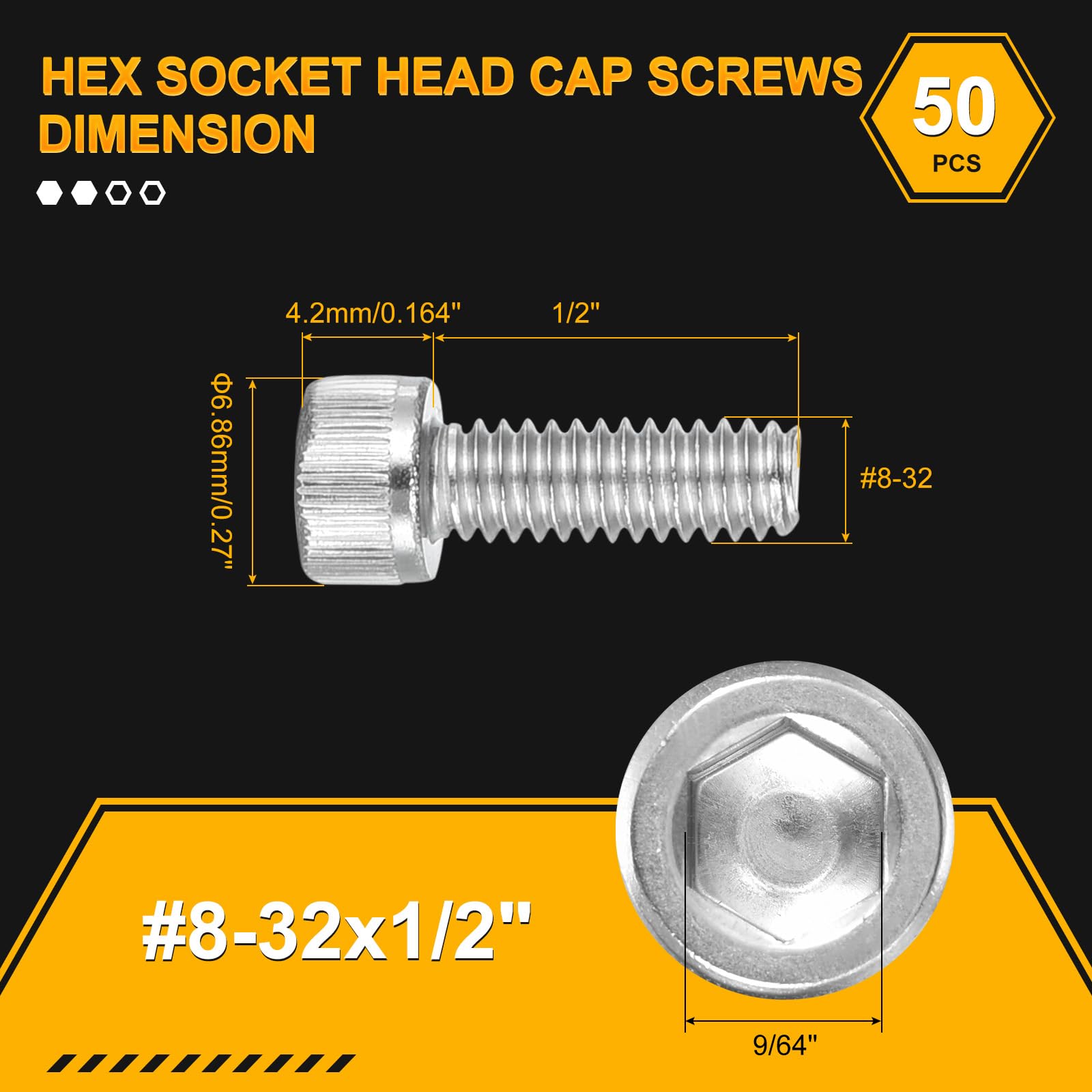 DTGN #8-32x1/2" Socket Head Cap Screws Bolts, 50Pack, Good for Road Bicycle Mountain Bike, Auto, Motorcycle - Image 2