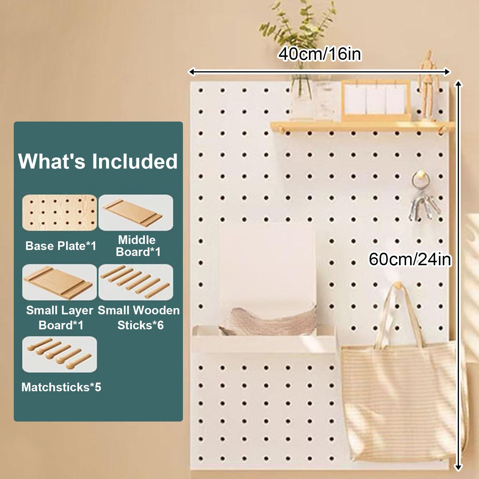 Wand-Organizer aus Holz für Pegboard, DIY-Dekorplatten für Küche, Büro, Schlafzimmer, Wohnzimmer, Stecktafel-Kombinationsset(White)