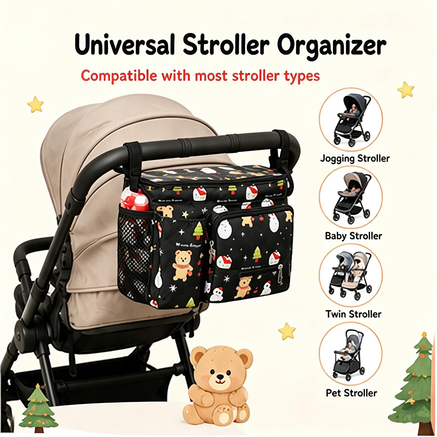 Kinderwagen-Organizer-Tasche, universeller Kinderwagen-Caddy mit Getränkehaltern, große Kapazität, Aufbewahrungstasche für Windeln, Spielzeug, Snacks, passend für die meisten Kinderwagen