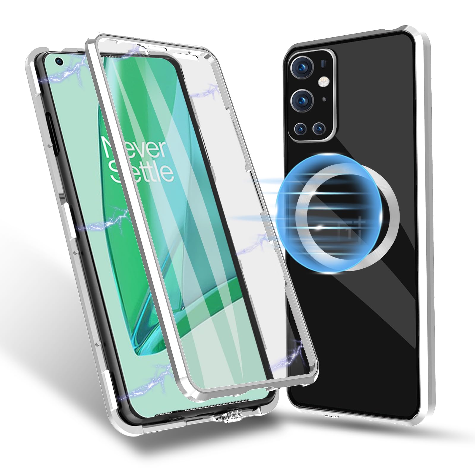 Magnetic Case for OnePlus 9 Pro - Compatible With Mag-Safe, Metal Bumper Attraction, 360 Degree Front Clear Tempered Glass + Back Hard PC Matte With Lens Protection - Magnetic Silver