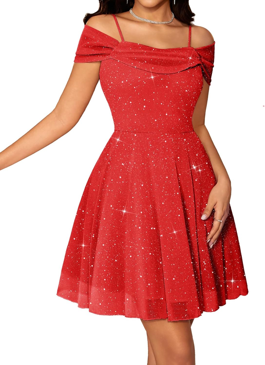 Meetjen Women's Sparkly Cocktail Dresses Off Shoulder Sequin Tulle Graduation Formal Party Short Prom Dress for Teens