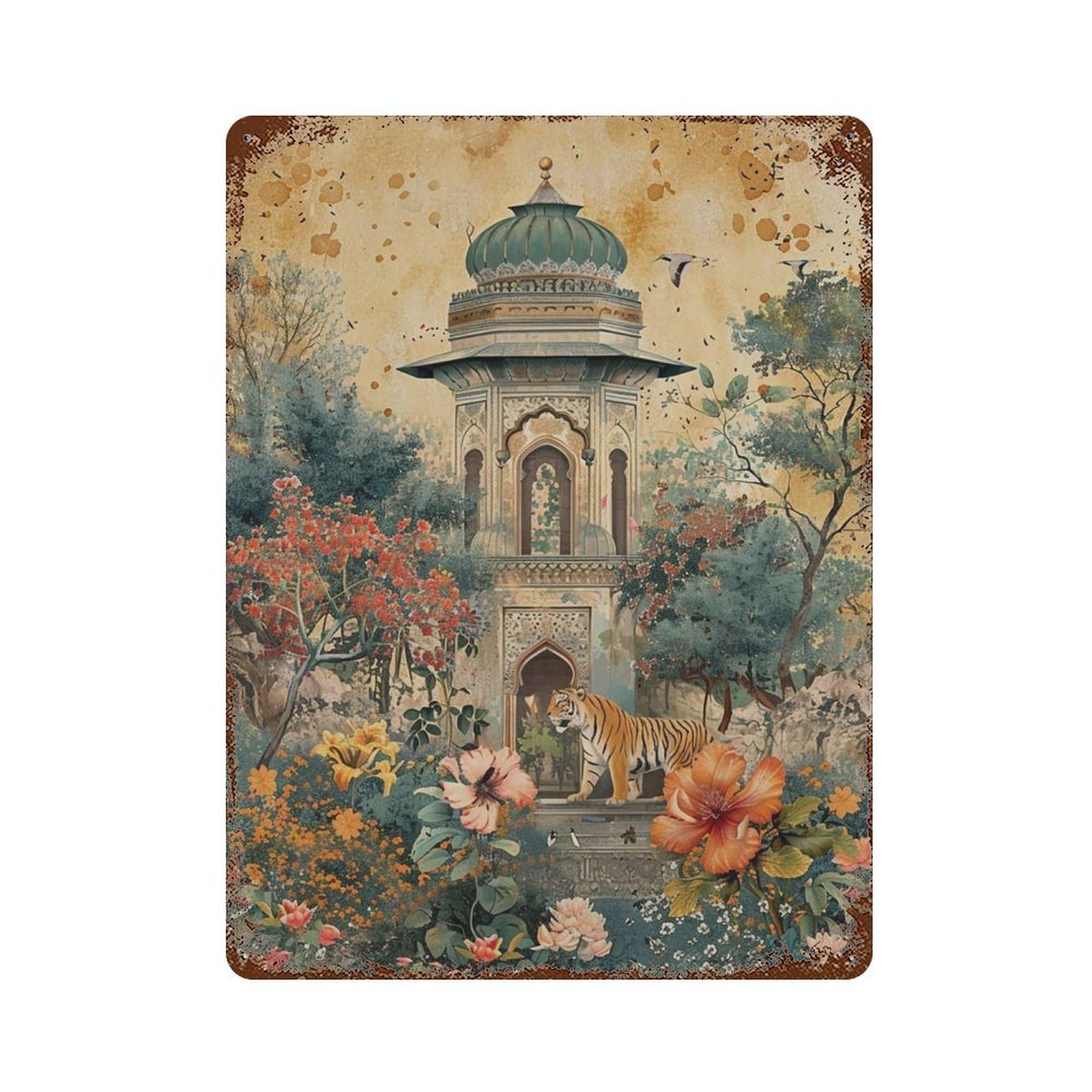xiaoxiaoshen Mughal Jungle Tiger Temple Boho Exotic Indian Palace Botanical Wall Decor Art Metal Tin Poster Modern Home Decor Art Home Bar Shop Decorations Vintage Sign 40x30cm