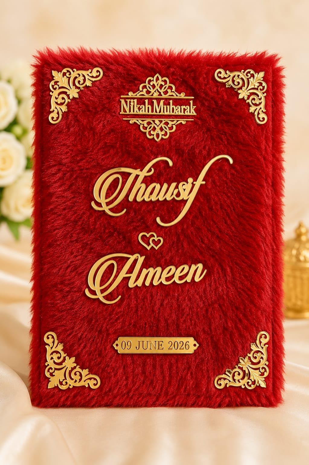Elegant Islamic customized Red Fur Wedding Gift Including Nikah Nama Booklet, Thumb print board wedding gift nikah item Decorative Marriage Frameable Gift for Couple Sister Brother and Friends.-image-36