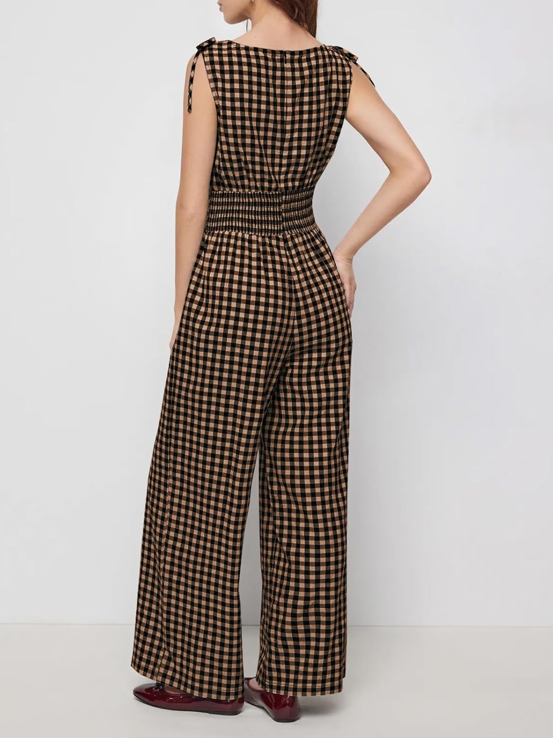 Women's Gingham Sleeveless Jumpsuit Smocked Waist Wide Leg Culotte Romper Tie Shoulder Summer One Piece Outfit