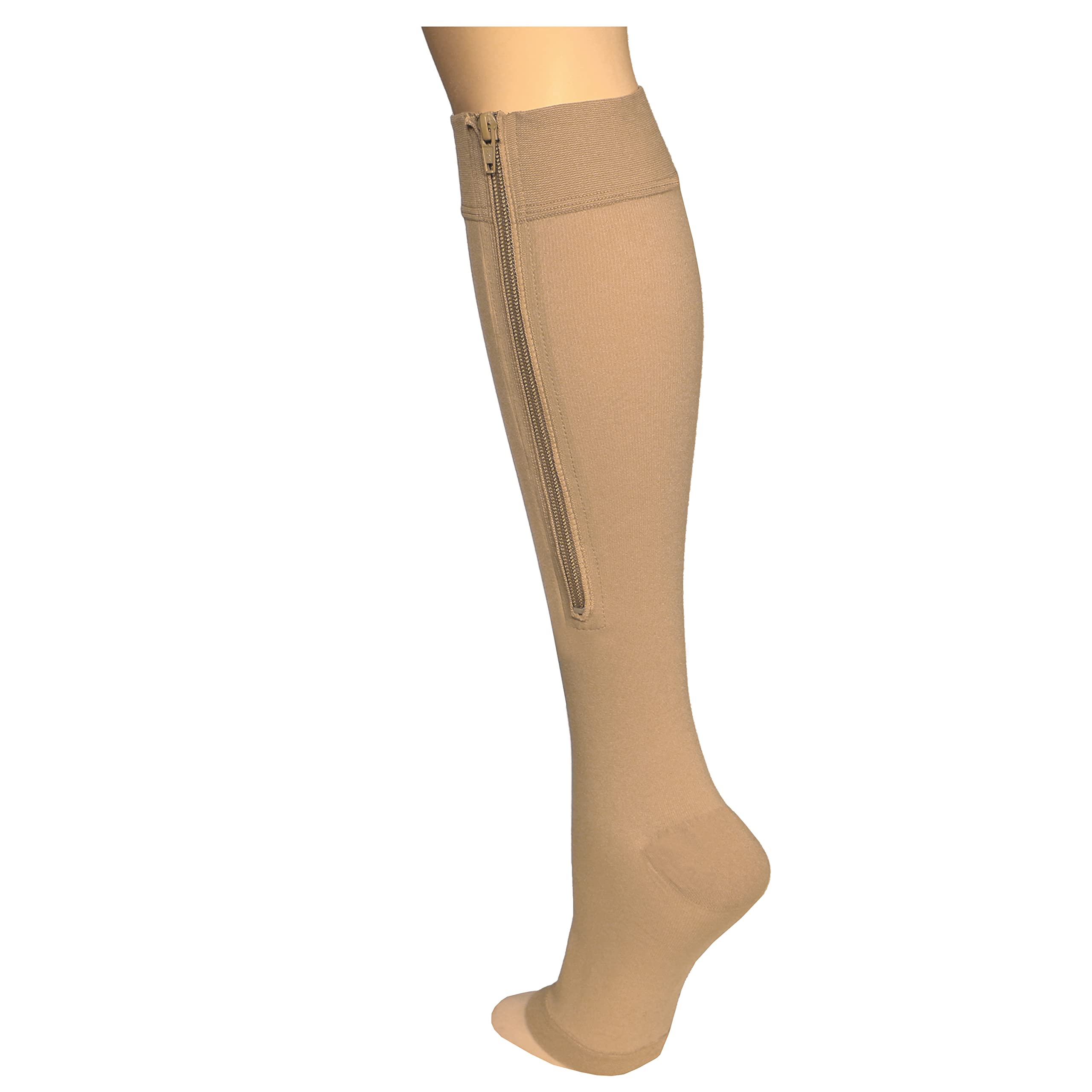 NuVein Medical Compression Stockings, 15-20 mmHg Support, Zipper Opening, Knee Length, Closed Toe, Beige, Medium