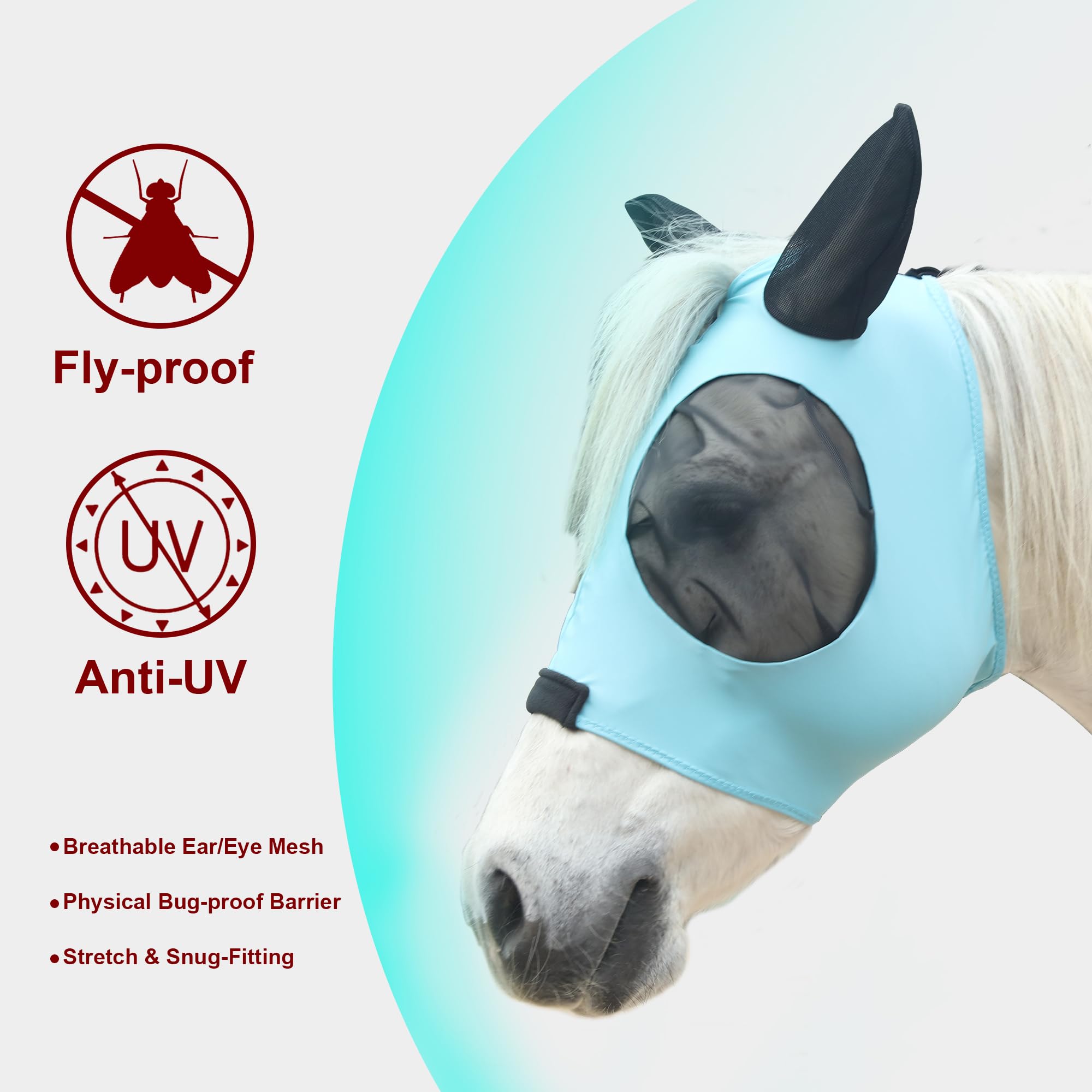 Leberna Horse Fly Mask with Ears Smooth and Elasticity Fly Mask with UV Protection (Lake Blue, Full) - Image 3