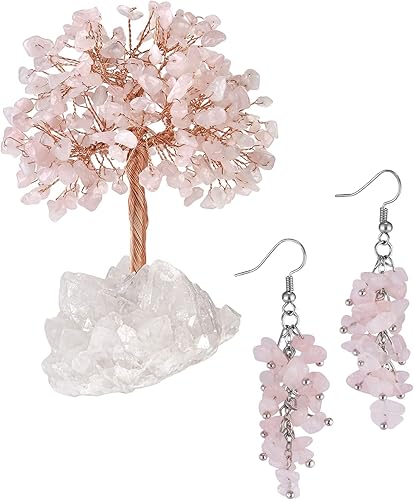 Nupuyai Aretes colgantes de piedra de cristal curativo natural y árbol de dinero de cristal de cuarzo rosa curativo hecho a mano con racimo de