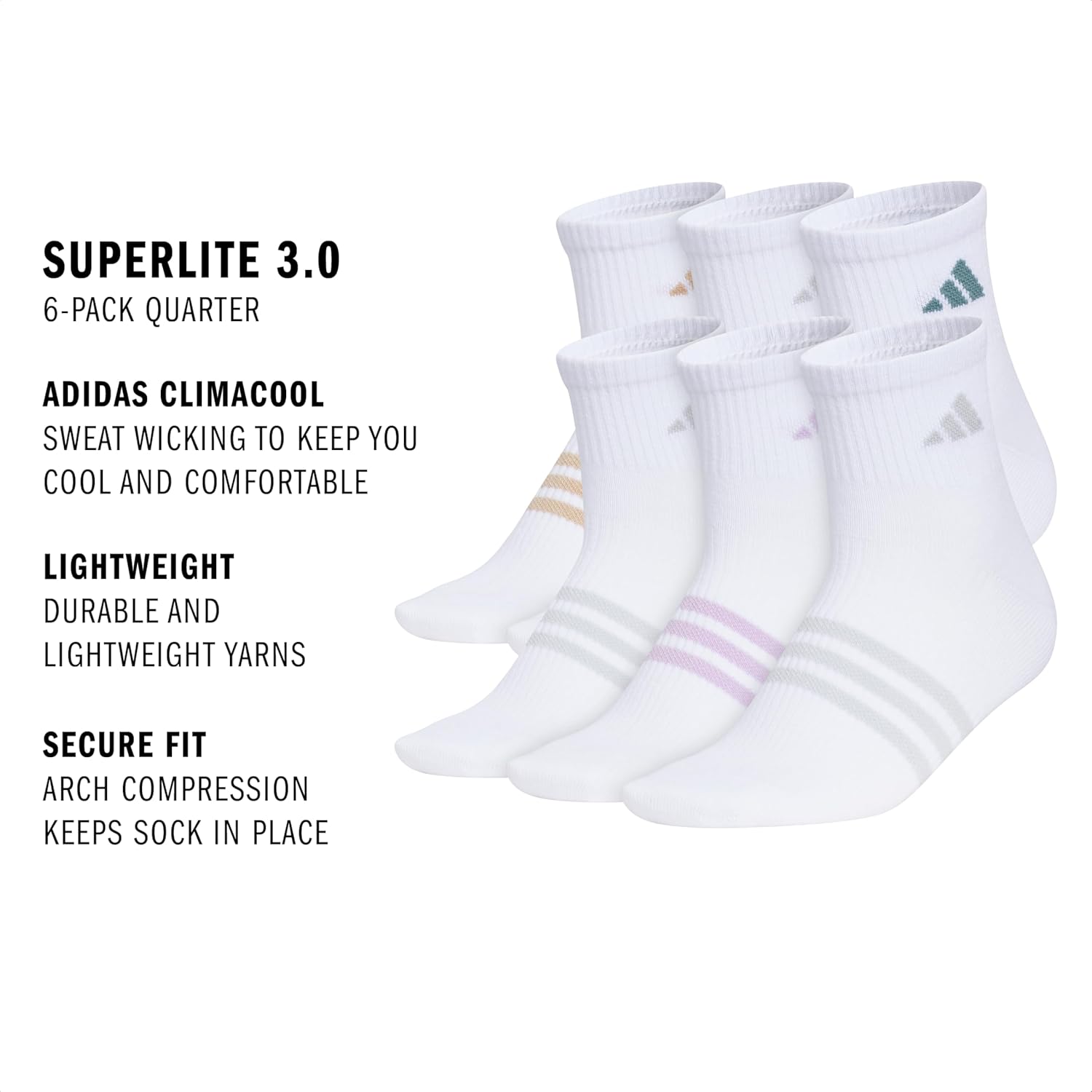 adidas Women's Superlite Quarter Ankle Socks (6 Pairs) Lightweight & Breathable